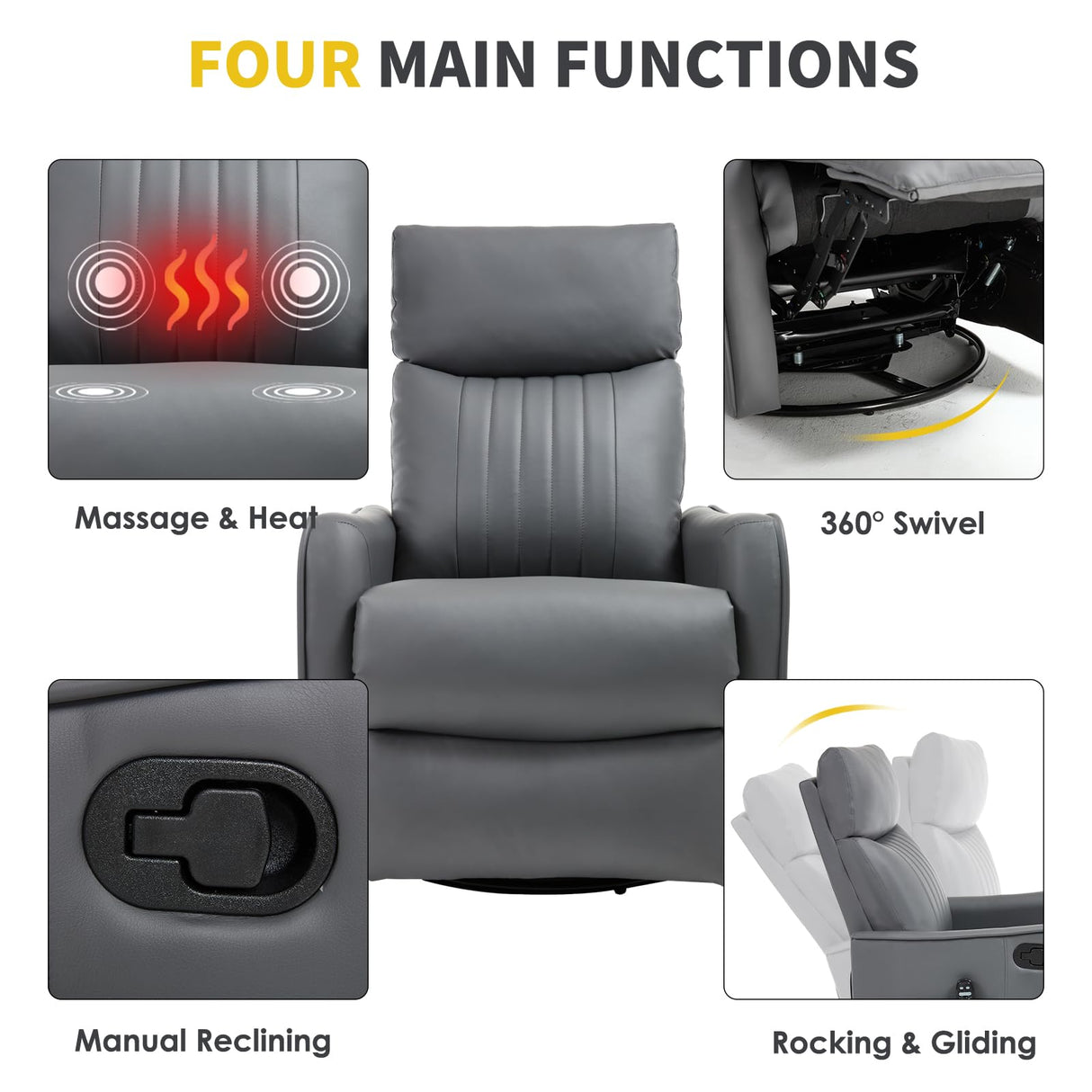 Trustyue Swivel Rocker Recliner Chair, 360° Swivel Recliner with Heat and Massage, Rocker Recliner Nursery Glider Chair with Side Pockets for Living Room (Grey, Faux Leather) Trustyue