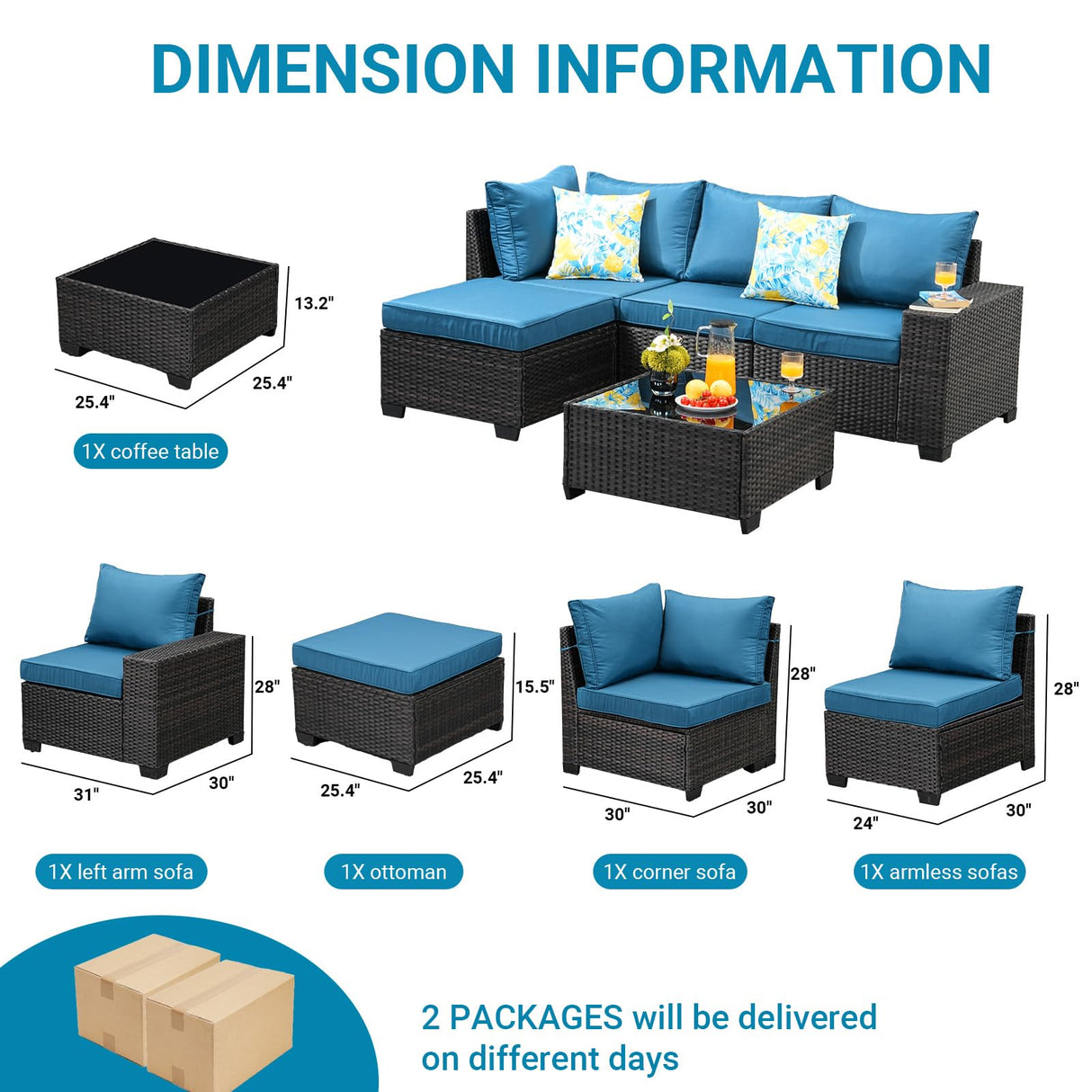Jing's Villa 5-Piece Patio Furniture Set, All-Weather Outdoor Wicker Sectional Sofa with Cushions, Tempered Glass Table & Ottoman, Rattan Conversation Seating for Porch, Garden, Backyard,Peacock Blue Jing's Villa