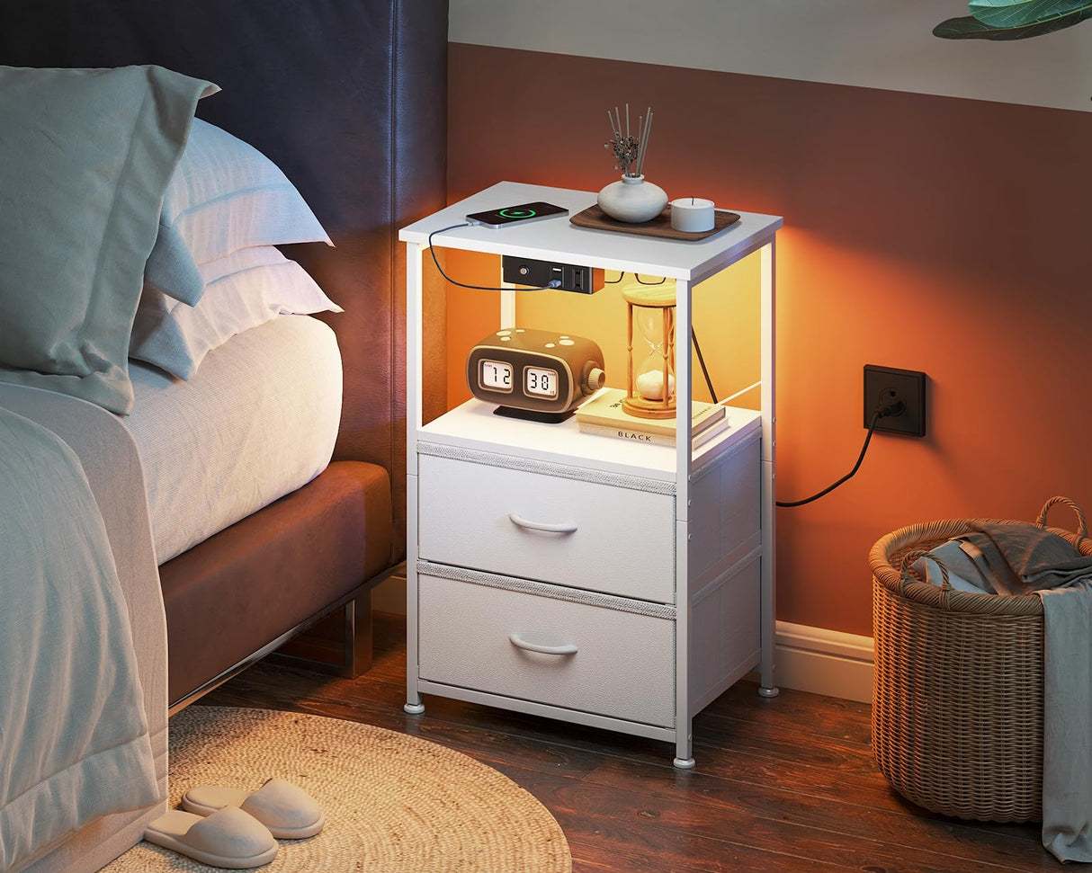 Casaottima White Night Stand with Charging Station and LED Lights, End Table for Bedroom with 2 Fabric Drawers, Small Nightstand with Storage Shelf, Bed Side Table, Bedside Table Casaottima