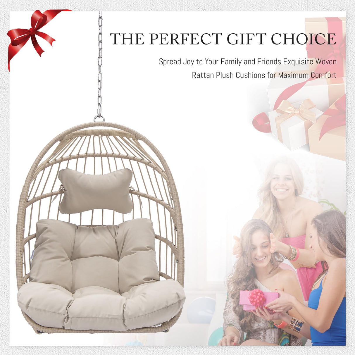 Swing Egg Chair Without Stand Indoor Outdoor Wicker Rattan Patio Basket Hanging Chair no Stand with UV Resistant Cushions 265lbs Capacity for Bedroom Balcony Patio (Beige) BULEXYARD