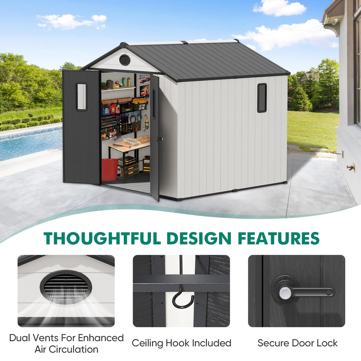 INTER HUT 8x6 Resin Outdoor Storage Shed with Floor, Plastic Tool Shed for Gardening, Patio, and Deck, White/Gray INTER HUT