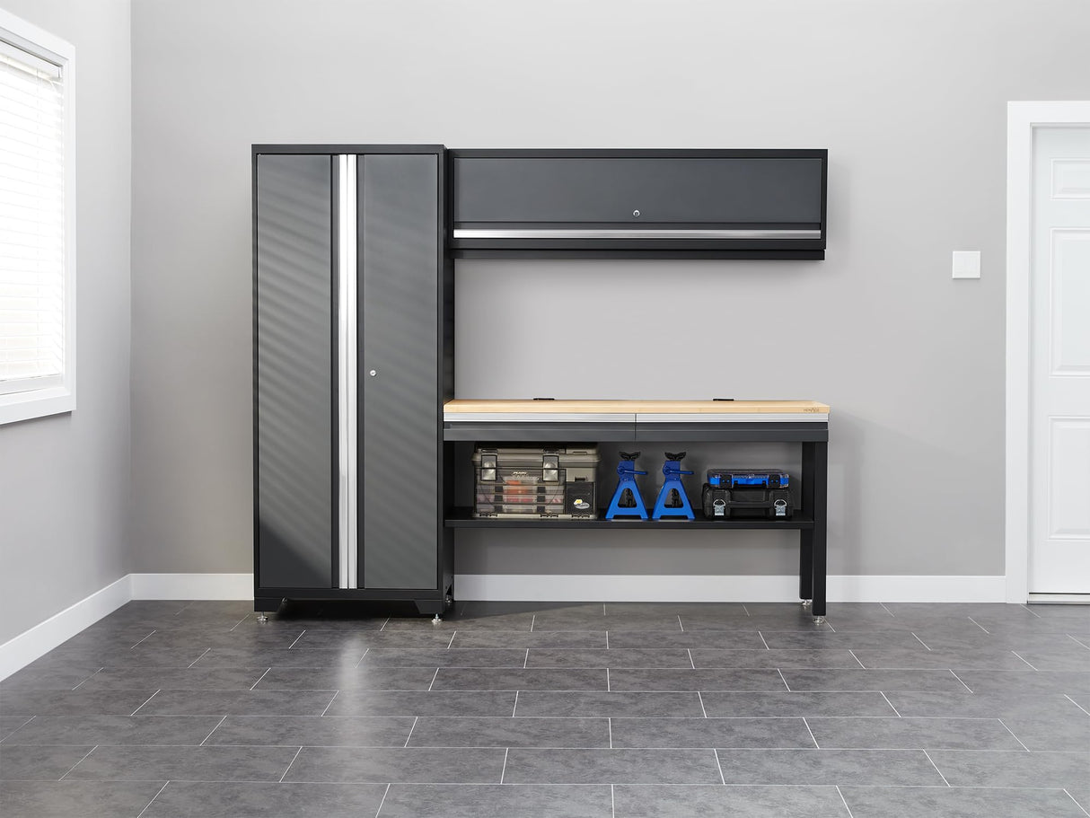 NewAge Products Bold Series Gray All-in-one 4pc Set, 30 in. Locker, Wall Cabinet, 60 in RTA Workbench with Bamboo Worktop, 24-Gauge Heavy Duty Steel Garage Storage Cabinets, 73501 NewAge Products Inc.