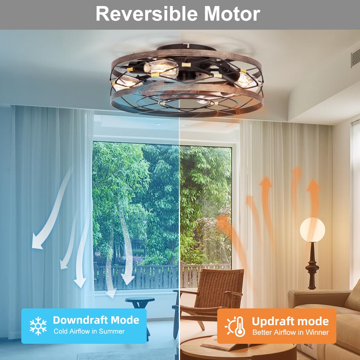 SHLUCE Caged Flush Mount Ceiling Fan with Lights, Farmhouse Rustic Bladeless Ceiling Fans with Lights and Remote, Low Profile Small Fandelier Ceiling Fan with Light for Bedroom, Kitchen, Black SHLUCE