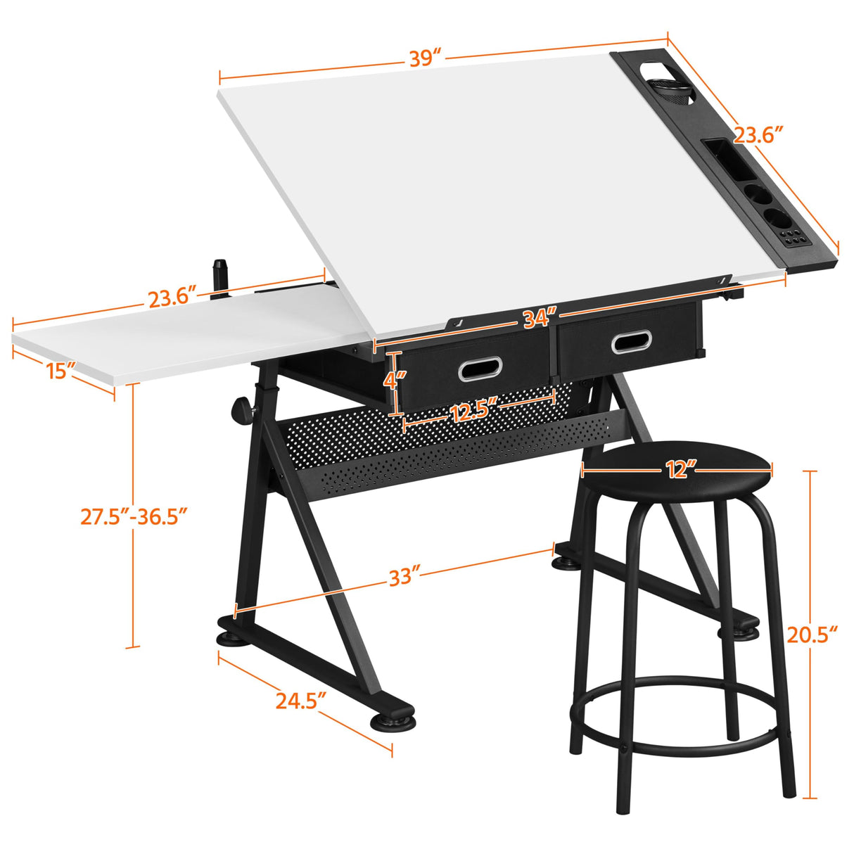 Yaheetech Height Adjustable White Art Desk for Adults, Tilting Tabletop Drafting Drawing Table with Extra Large Desktop and Drawers, Foldable Stand up Craft Painting Table and Chair Set with Stools Yaheetech