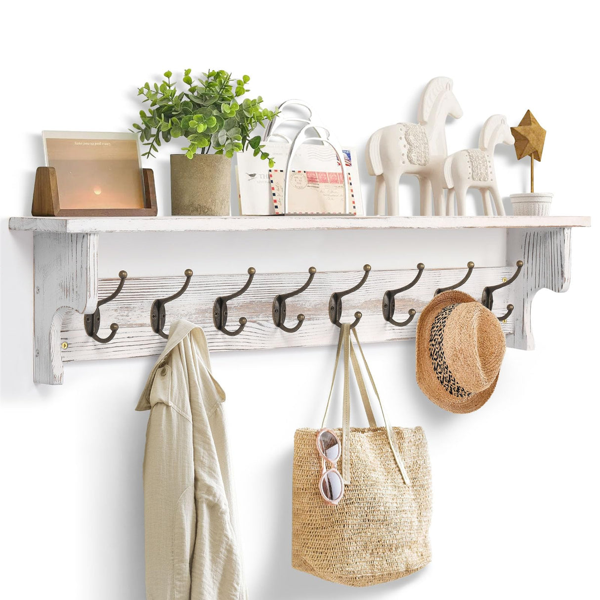 BECHAEO 35.8'' Wood Coat Rack Wall Mount with Shelf, White Wall Coat Rack with Hooks, Farmhouse Rustic Coat Hooks for Entryway Bathroom Hallway Kitchen Bedroom BECHAEO