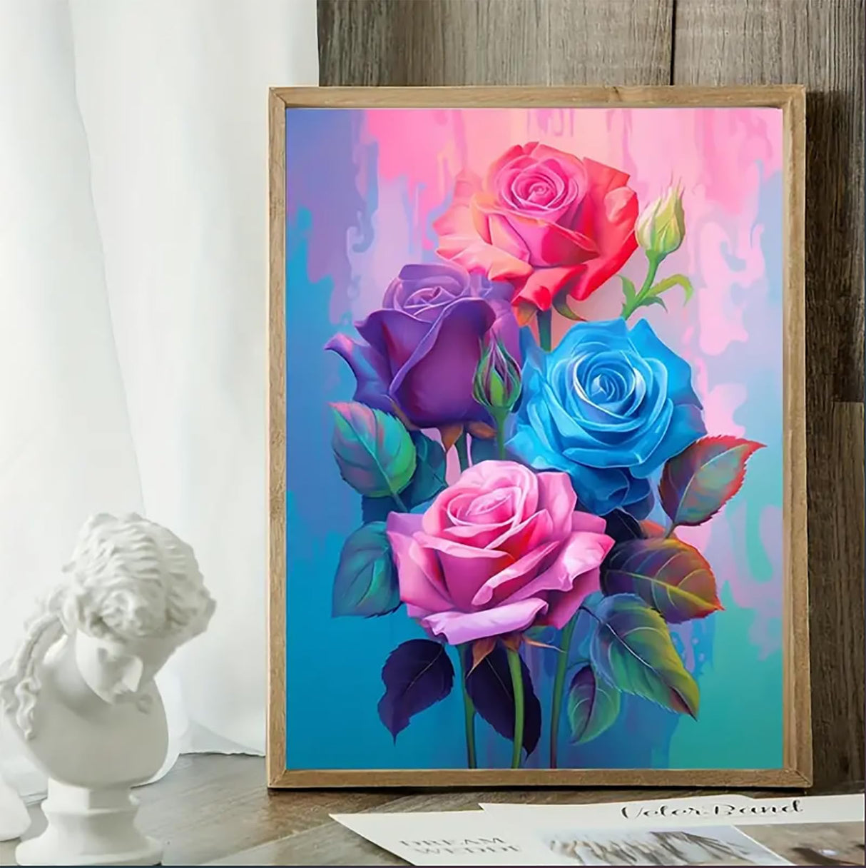 MaiMMaledy Paint by Numbers Kit for Adults Beginners Canvas Pictures with Framed Drawing Painting Acrylic Pigment with Wooden Triangle Easel Rose 8Wx12L inch MaiMMaledy