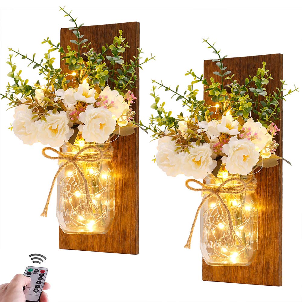 Rustic Wall Sconces Mason Jar Sconces Handmade Wall Art Hanging Design with Remote Control LED Fairy Lights and White Peony,Christmas Decor Gift Farmhouse Wall Home Decor Living Room Lights Set of Two Homecor