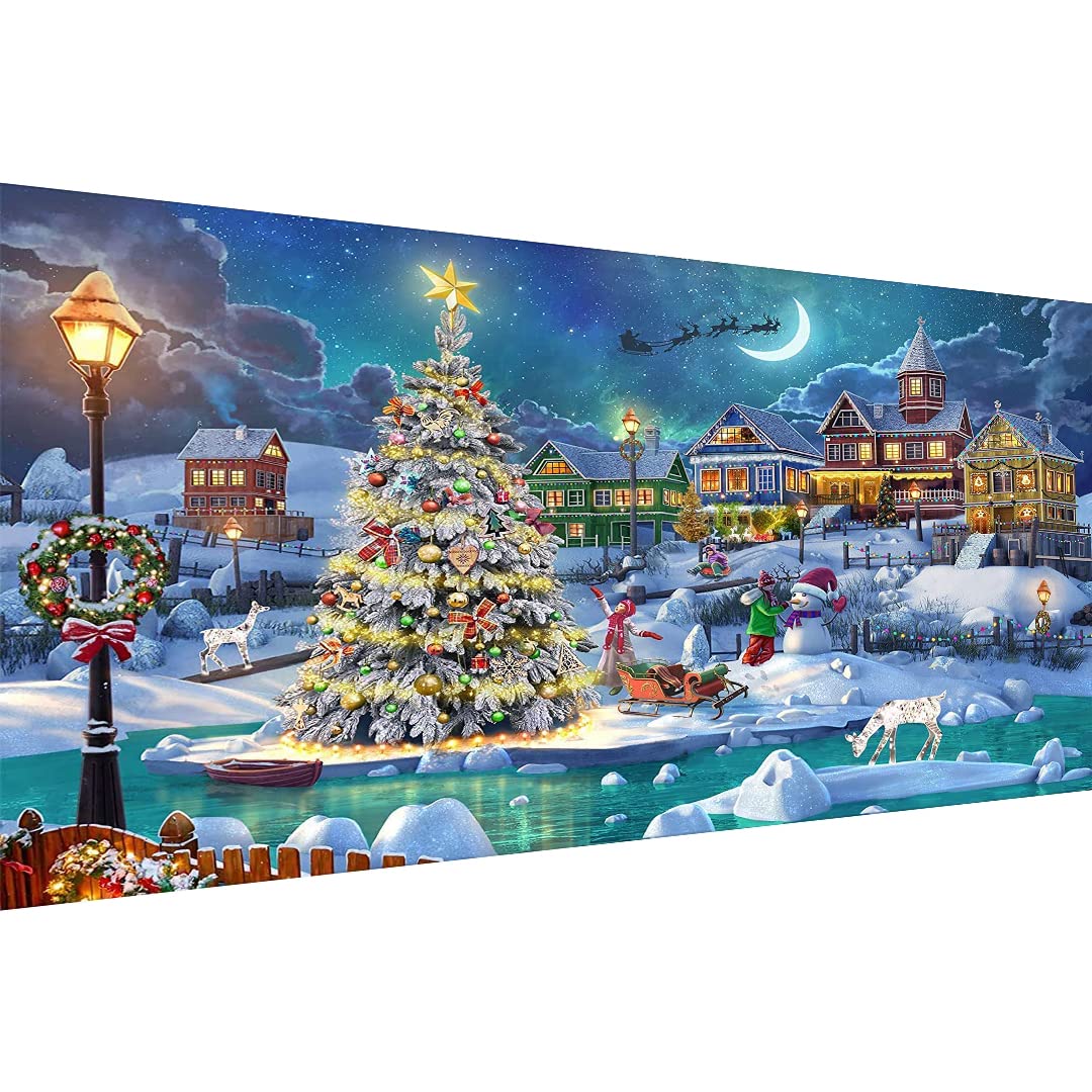 Christmas Night Diamond Painting, DIY 5D Diamond Painting Kits for Adults Full Drill, Christmas Tree with Moon Diamond Painting Well Decor 28x16 inch MBNTJHT