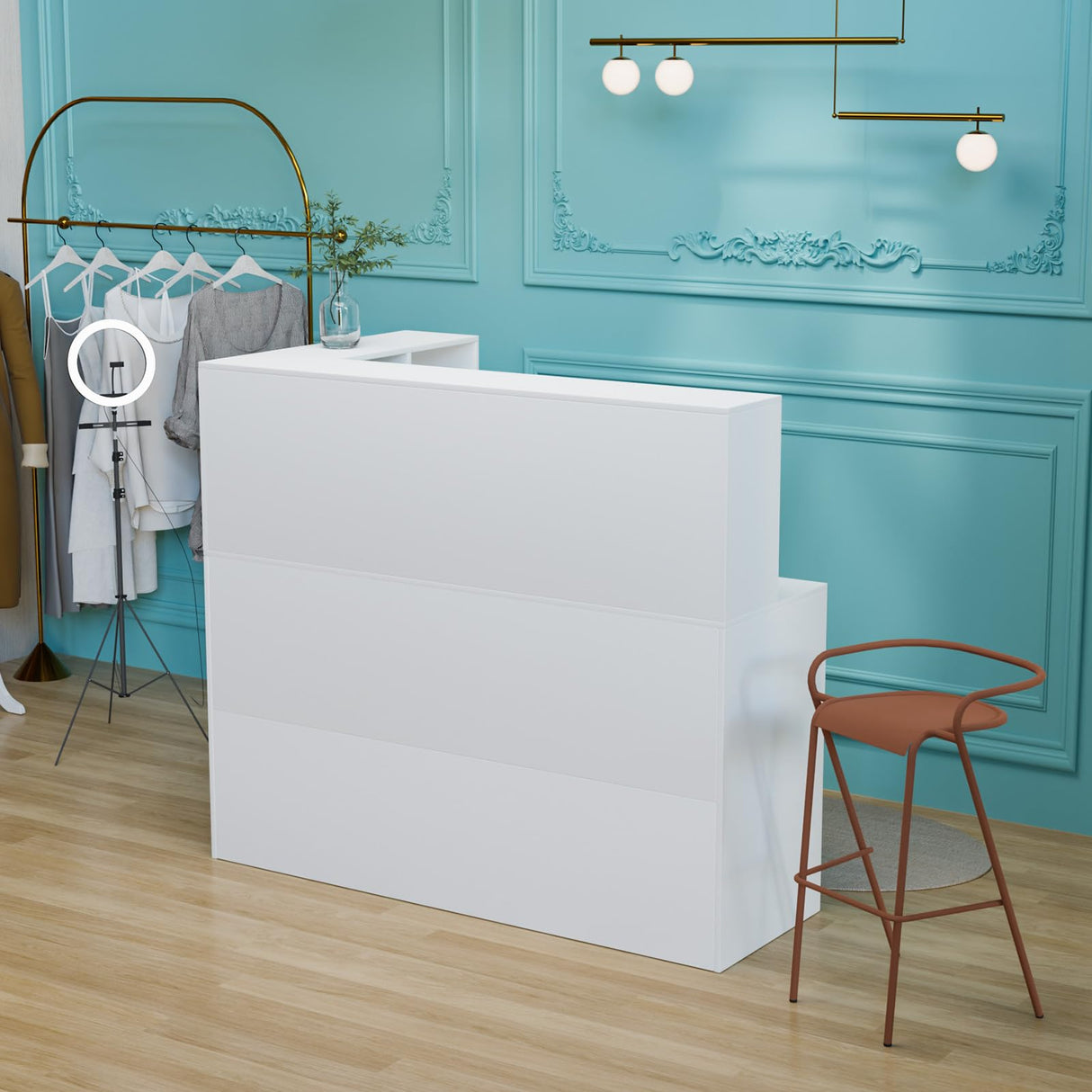 OmySalon Modern Reception Desk, L-Shaped Front Desk with Moveable Shelves and Lockable Drawers, Retail Checkout Counter Table, for Lobby Beauty Salon Office, White (55.9" W x 18.9" D x 48" H) OmySalon