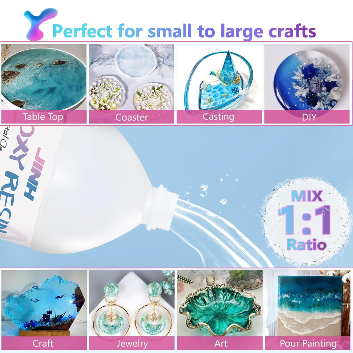 JINH Epoxy Resin 2 Gallon, Upgraded Crystal Clear Epoxy Kit UV Resistant No Bubble Self Leveling, 1 Gallon Resin and 1 Gallon Hardener Kit for DIY Art, Jewelry, Resin Art, Molds, Countertops JINH