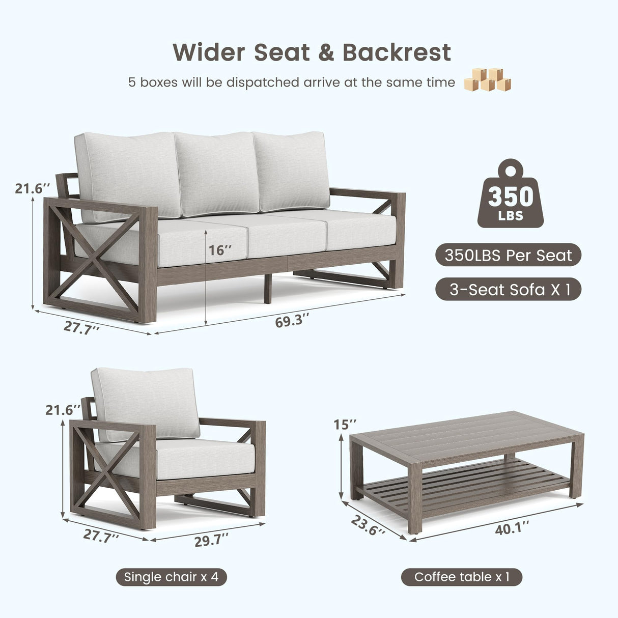 UDPATIO Patio Aluminum 3-Seat Couch, Faux Wood All-Weather Outdoor Furniture Sofa with 6” Water-Resistant OLEFIN Cushions and Rust-Proof Frame, Waterproof Cover Included, Beige UDPATIO