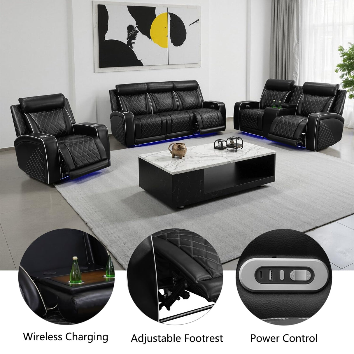 Breathing Leather Power Recliner Sofa Set Living Room Furniture Reclining Couch with LED Light/Cup Holder/USB Ports for Home Theater (3 Piece Leather Couch, Black) Plithzy