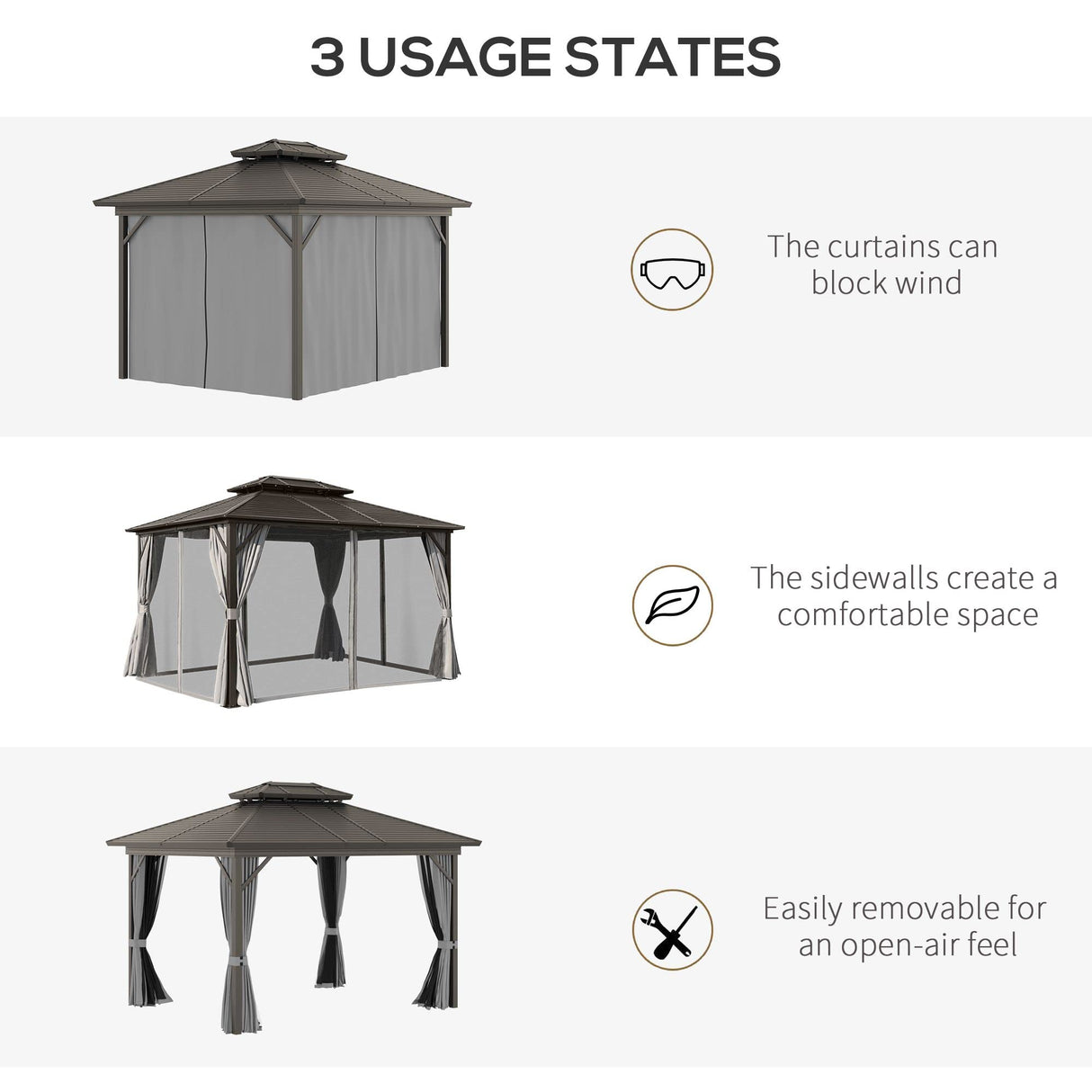Outsunny 10' x 12' Hardtop Gazebo with Curtains and Netting, Permanent Pavilion Metal Double Roof Gazebo Canopy with Aluminum Frame and Hooks, for Garden, Patio, Backyard, Gray Outsunny