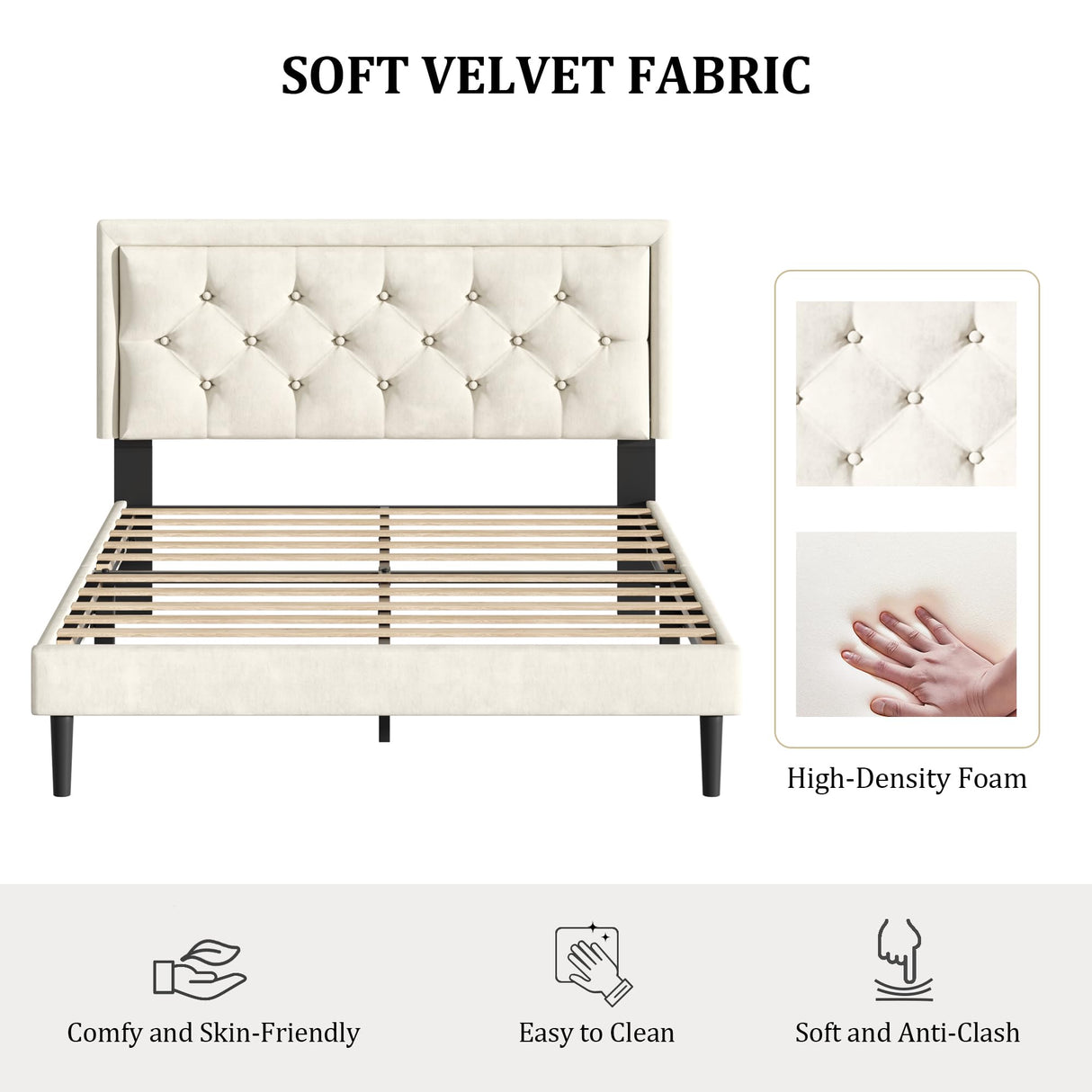 CXVX Queen Size Platform Bed Frame with Upholstered Velvet Button Tufted Headboard, Mattress Foundation with Wooden Slat Support, No Box Spring Needed, Easy Assembly, Noise Free, Beige CXVX