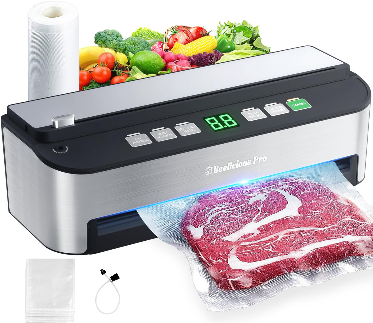 Vacuum Sealer Machine, Beelicious 85KPA Fully Automatic 8-IN-1 Food Sealer with Bags Storage, Build-in Cutter, Moist Mode and Air Suction Hose | Digital Countdown | Sous Vide Beelicious Pro