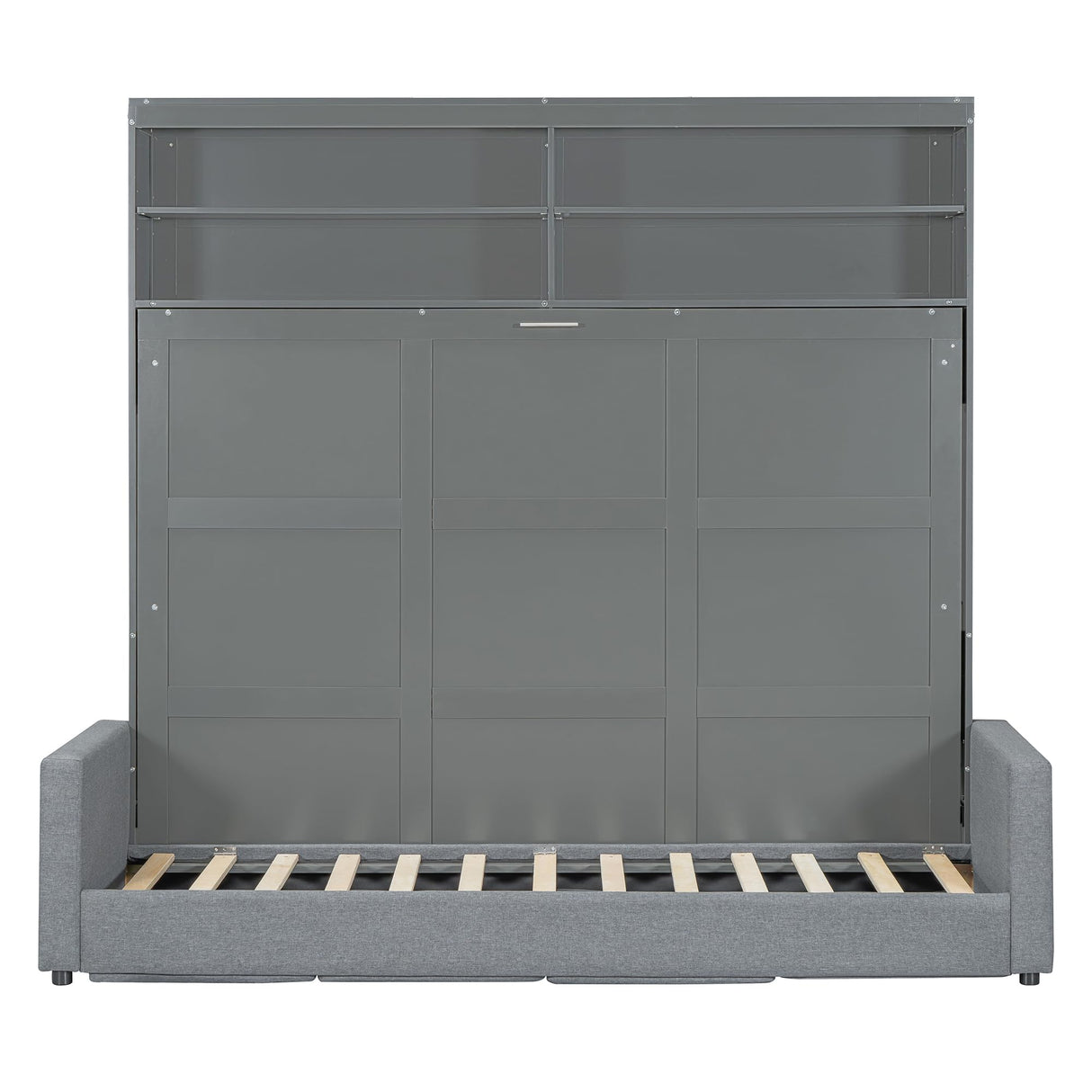 HRJHLucky Queen Size Murphy Wall Bed with Sofa, Cushion and Shelves, Foldable Wood Cabinet Bed, Space-Saving (Gray) HRJHLucky