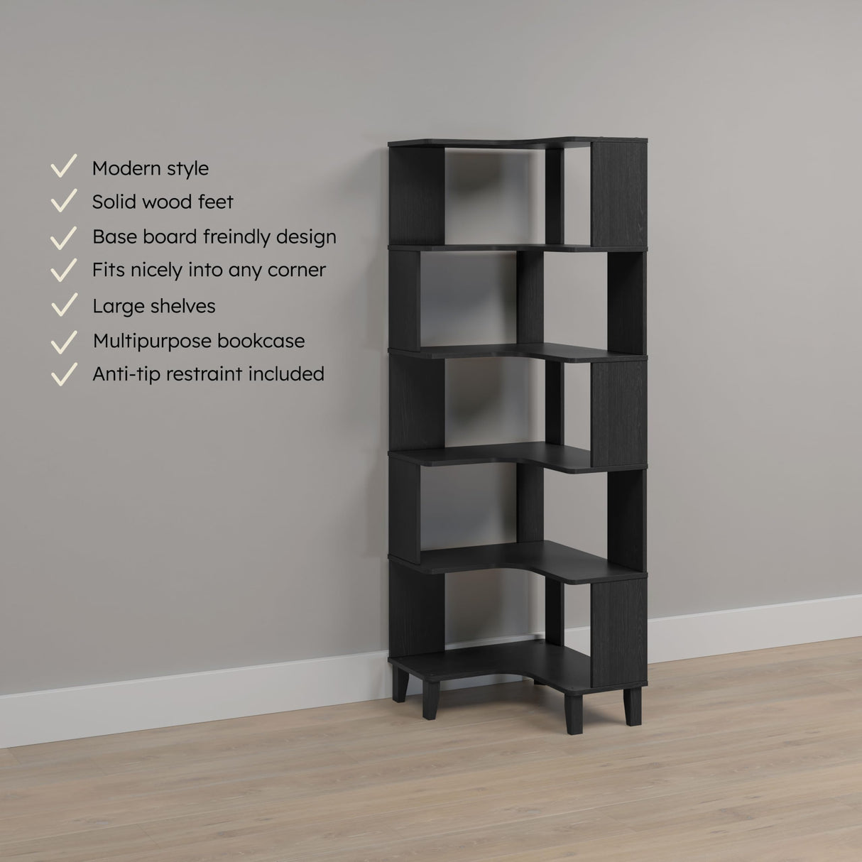 Prepac Nordik 6-Tier Black Modern Mid Century Corner Bookcase, 71.5" Extra Tall Black Corner Shelf with Storage, Multifunctional Freestanding Bookshelf for Home Office, Living Room, Dining Room Prepac
