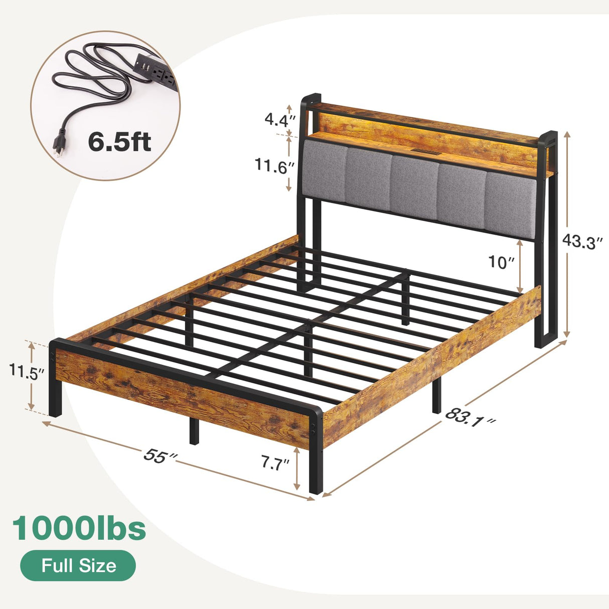 Novilla Full Size Bed Frame, Full Bed Frame Storage Headboard with Charging Station, Platform Metal Bed Frame with RGB Lights, Heavy Duty Steel Slat Support, No Box Spring Needed Novilla