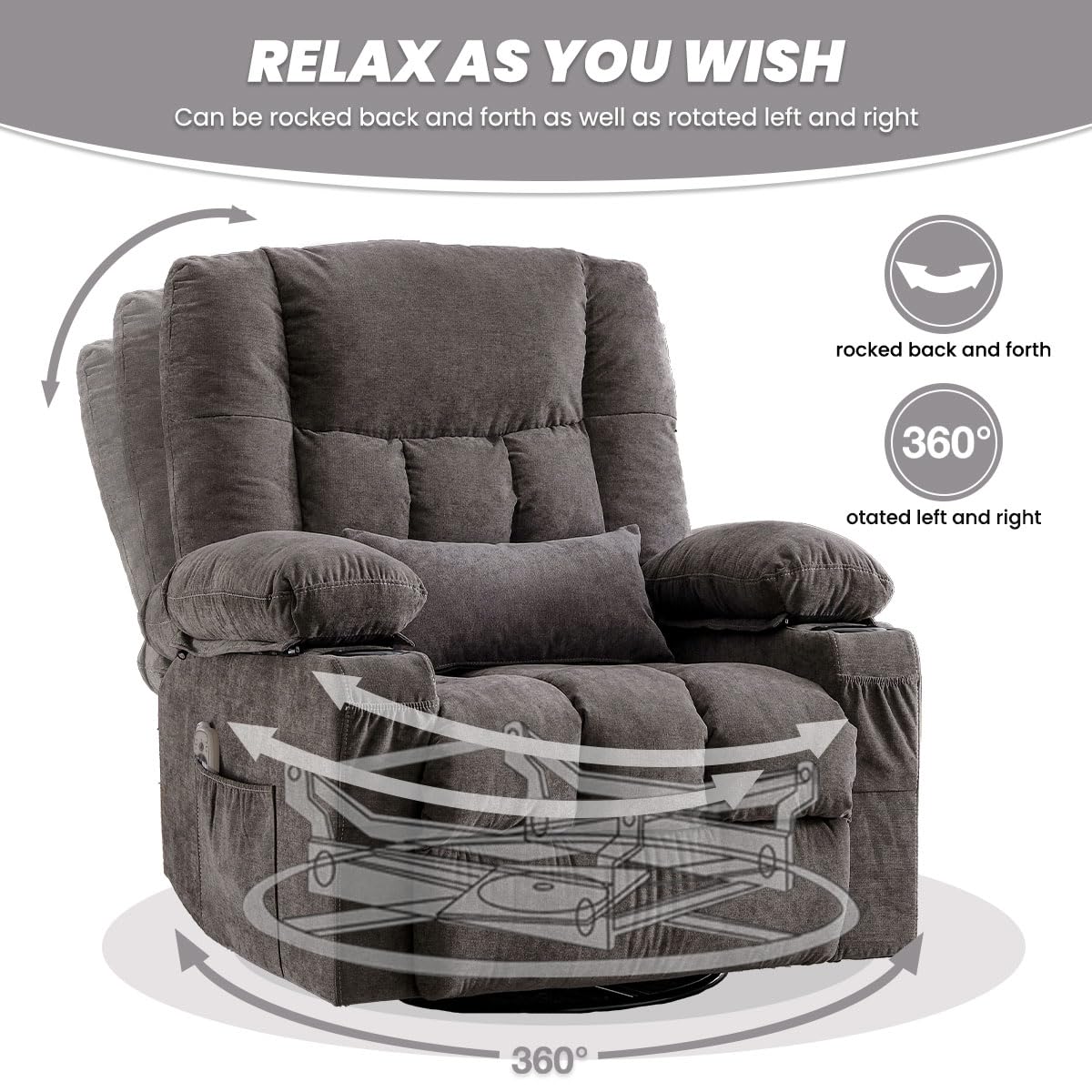 BOSMILLER Oversized Recliner Chair for Adults with Vibration Massage and Lumbar Heating Swivel Rocker Recliner with Cup Holder and USB Charge Port for Living Room BOSMILLER