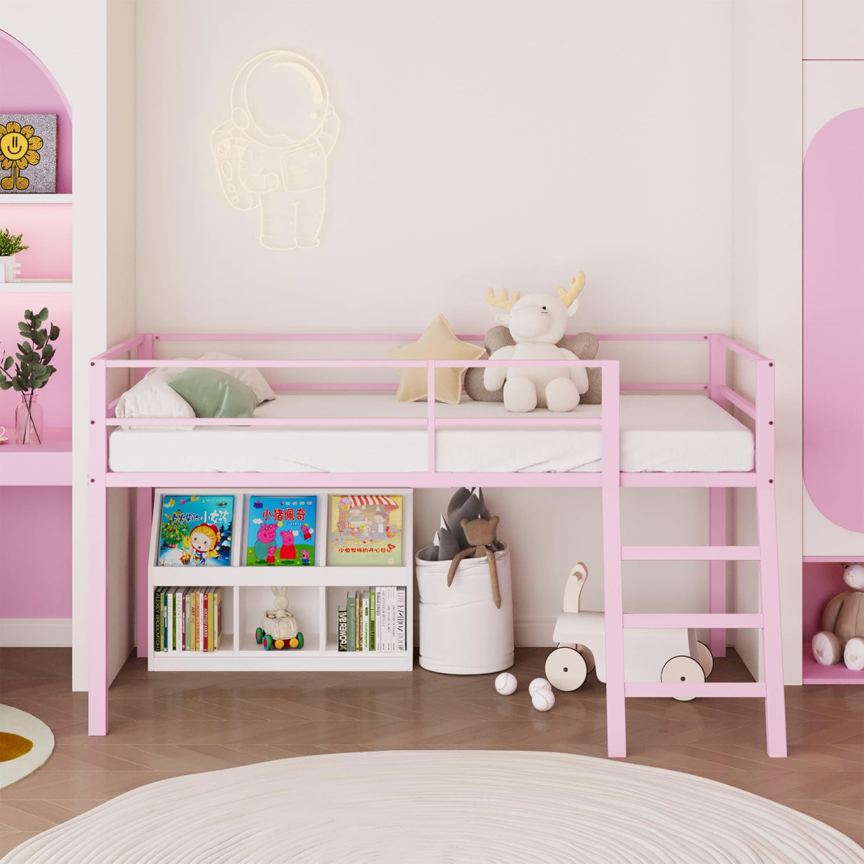 Lutown-Teen Metal Loft Bed with Stairs and Guardrail for Juniors, Space Saving Loft Bed Twin Size for Small Bedroom, Pink Lutown-Teen