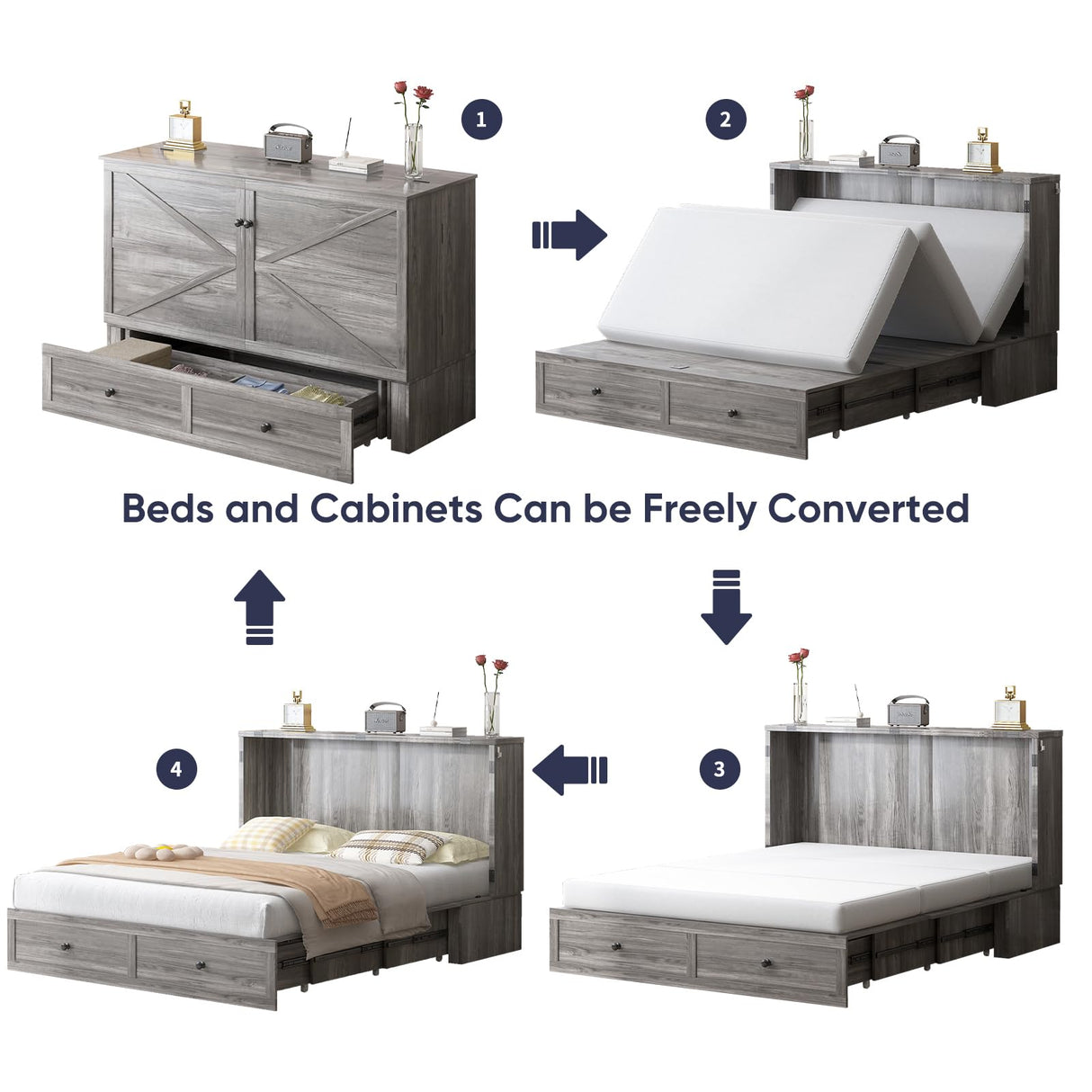 ijuicy Full Murphy Bed with Storage & Multifunctional Charging Station, Farmhouse Murphy Cabinet Bed with Foldable Panel, Space-Saving Beds for Guest Bedroom,Living Room(Mottled Grey, with Mattress) ijuicy