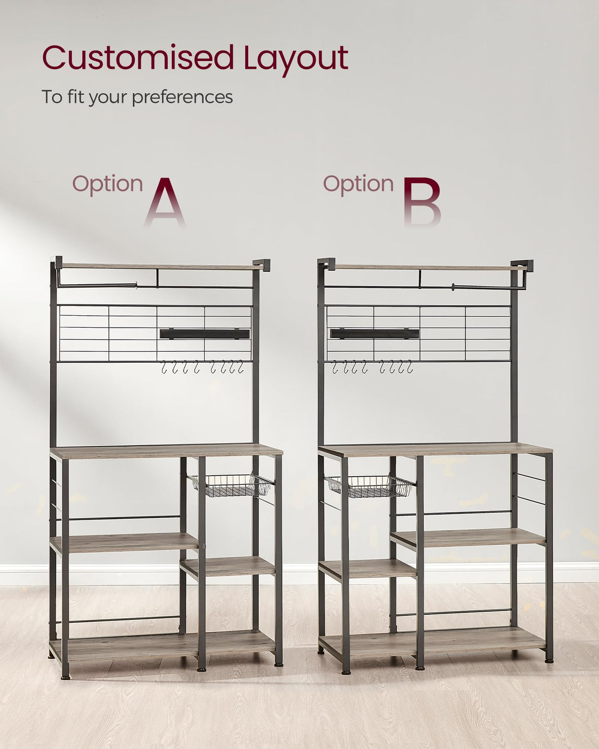 VASAGLE Greige and Black Bakers Rack with Magnetic Knife Holder, Paper Towel Holder, Wire Basket, and 8 Hooks for Organised Kitchen Storage VASAGLE