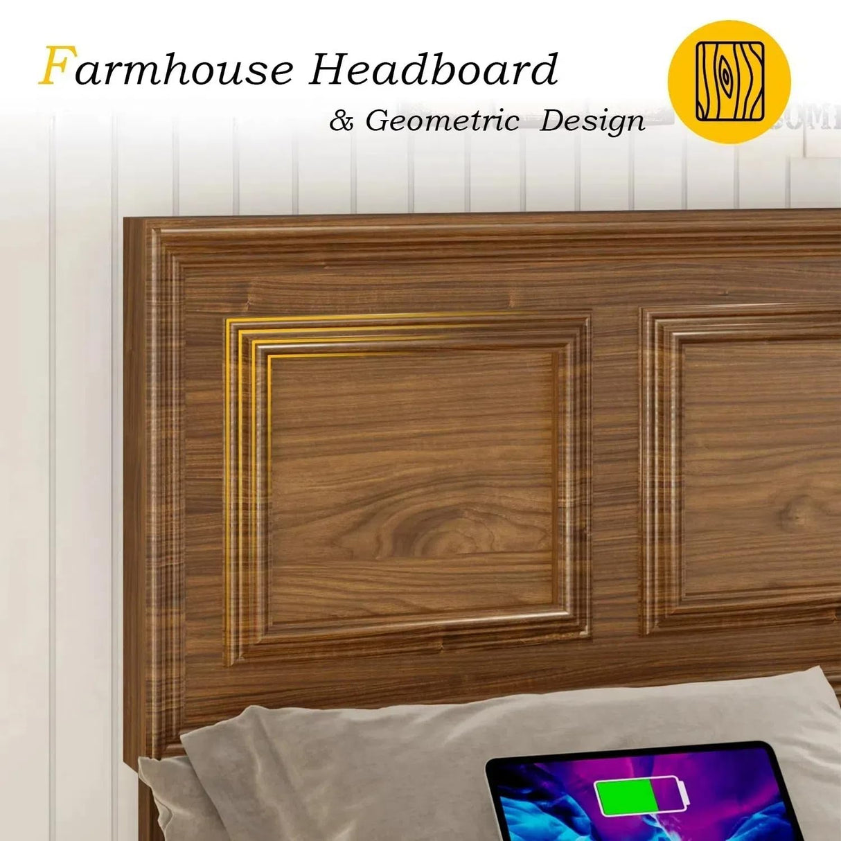Incyneva Farmhouse Platform Queen Bed Frame Wood with Adjustable Headboard, LED Light and Charging Station, No Box Spring Needed, Noise Free, Geometric Design & Vintage Brown Incyneva