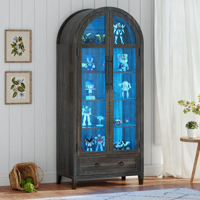 Lvifur 73" Tall Arched Display Cabinet with Glass Doors,4-Tier Storage Cabinet with Human Body Sensor,LED Curio Cabinets with 3 Color Lights for Collectibles,Ajustable Shelf for Toys, Books,Brown