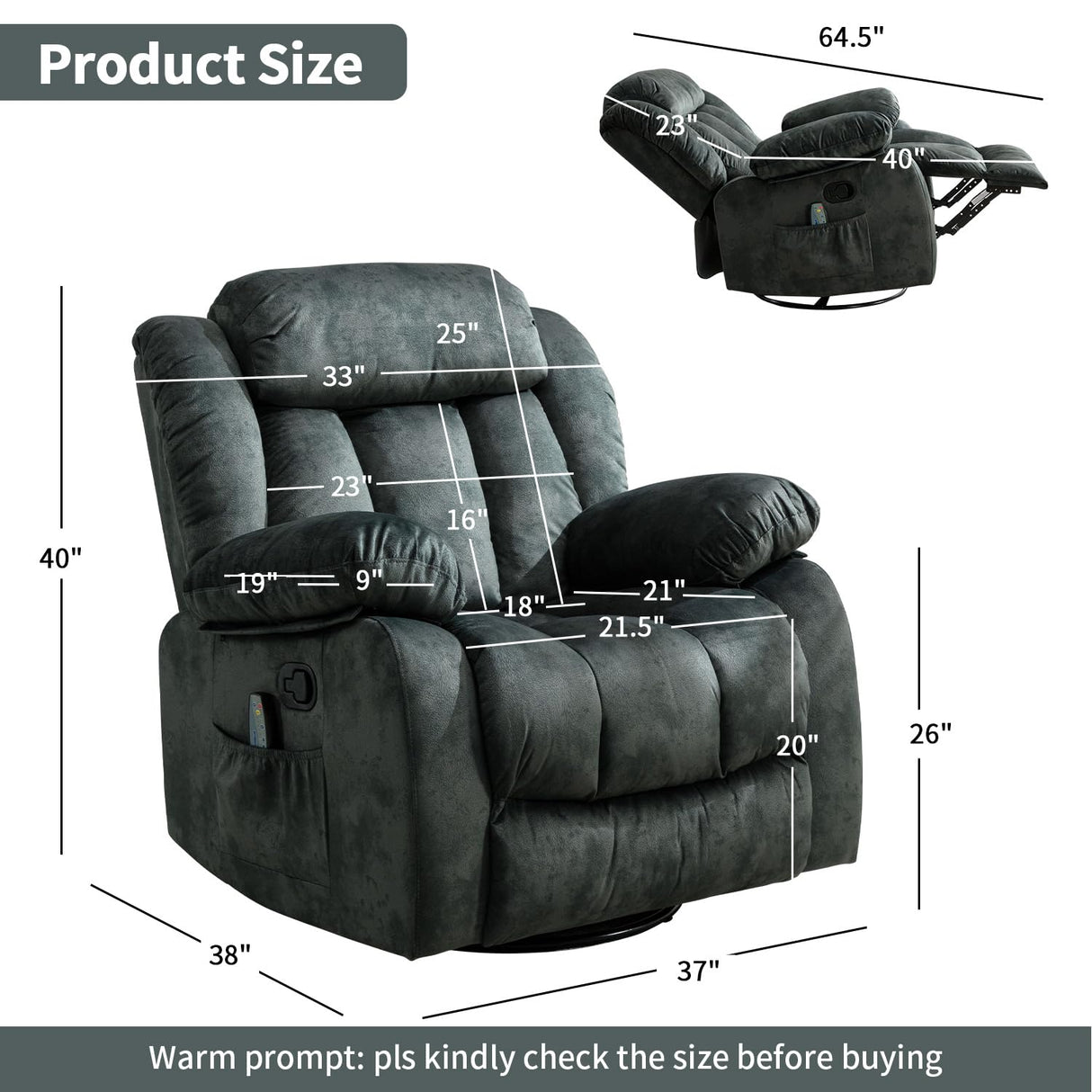 INZOY Massage Swivel Rocker Recliner with Heat and Vibration, Manual Rocking Recliner Chair with Vibrating Massage, Comfy Padded Overstuffed Soft Fabric Heated Recliner, Grayish Green INZOY