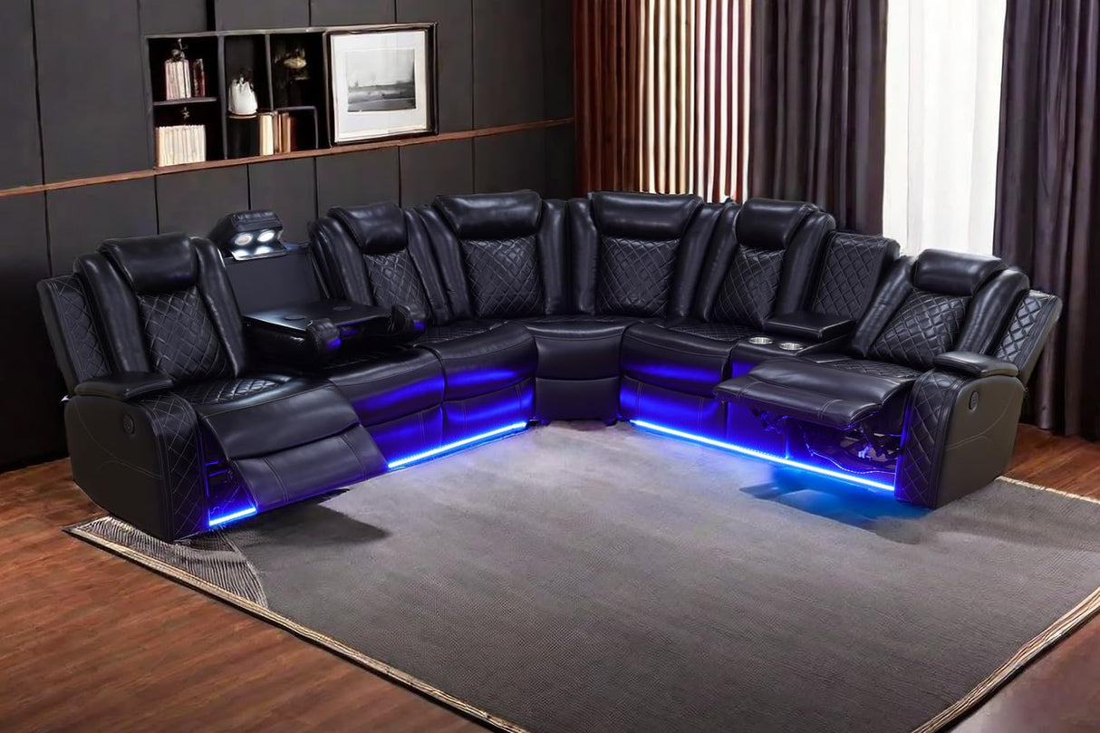 A Ainehome Power Recliner Set, Leather Sectional Sofa Set for Living Room, Home Theater, with LED Lights, Cup Holder, Hide-Away Storage, Wireless Charging(A-Black) A Ainehome