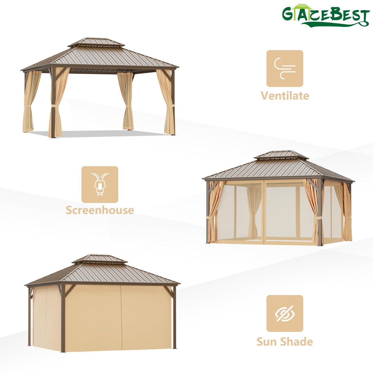 GAZEBEST 12x14 ft Hardtop Gazebo Outdoor Aluminum Patio Gazebo Double Roof Galvanized Steel Gazebo Canopy with Netting and Curtains,for Garden Patio,Patio Backyard,Deck and Lawns GAZEBEST