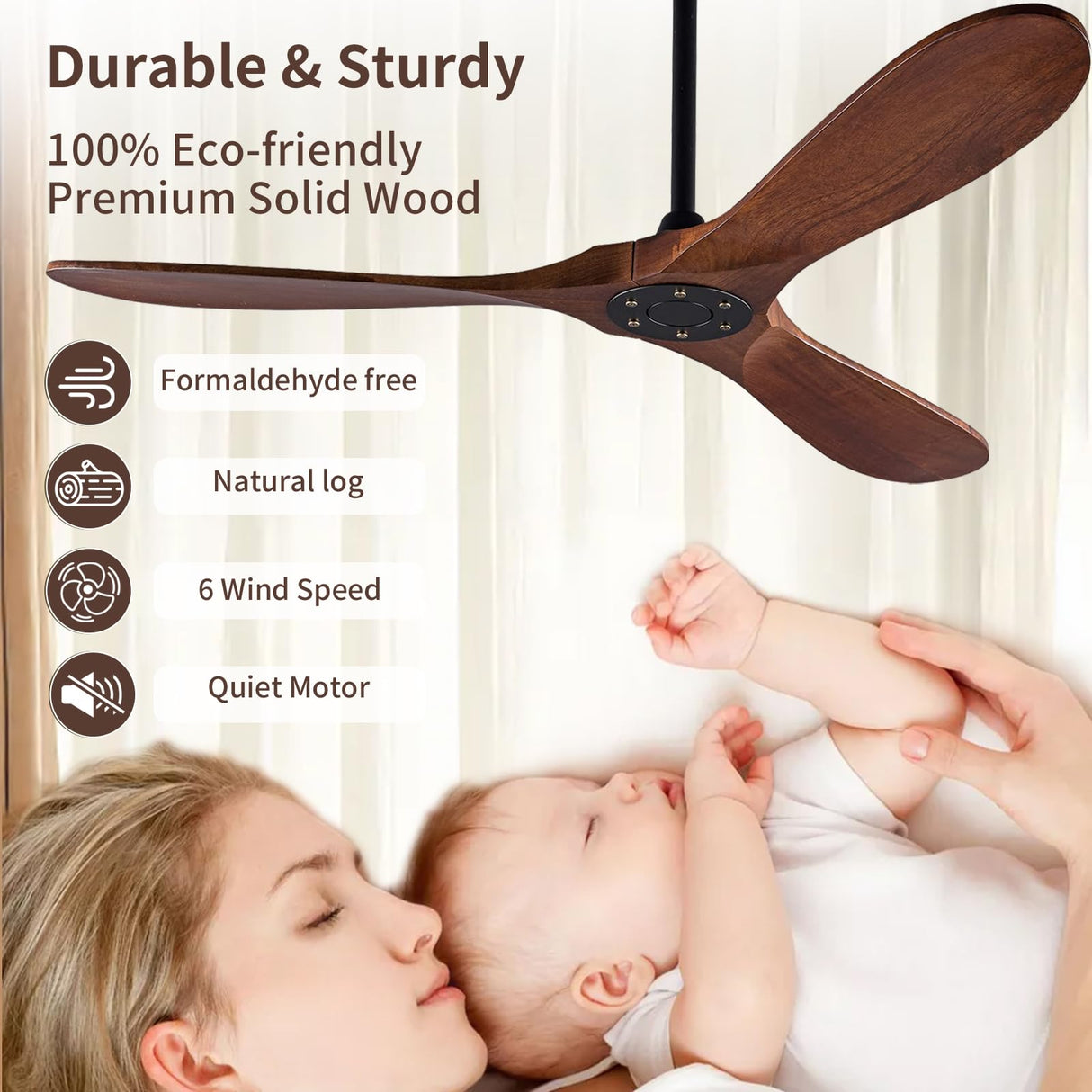 Solid Wood Ceiling Fan Without Light, 52 inch Walnut Ceiling Fan with 3 Wood Blades 6 Speeds Smart Timing Reversible DC Motor, Modern Ceiling Fan for Indoor Outdoor Farmhouse/Patios - Dark Walnut… Zronon