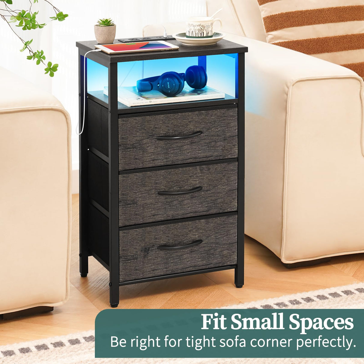 Yoobure Night Stand with Charging Station, 20 Colors LED Nightstand with USB Ports and Outlets, End Table with 3 Fabric Drawers and Storage Shelf, Bedside Tables Small Dresser for Small Space, Gray Yoobure