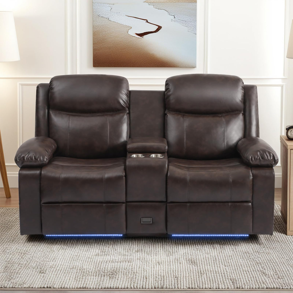 PALLOME Power Reclining Loveseat Sofa for Home Theater, RV Recliner Couch with USB Type-C, Console, LED Lights (Brown) PALLOME