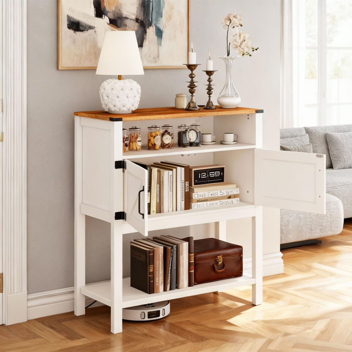 M METERXITY Console Table with Outlets, Farmhouse Coffee Bar Cabinet, 31.5 l x 13.8 D x 35.5 H, Entryway Table with Storage Cabinets for Living Room, Couch, Hallway, Foyer, Kitchen (White) M METERXITY