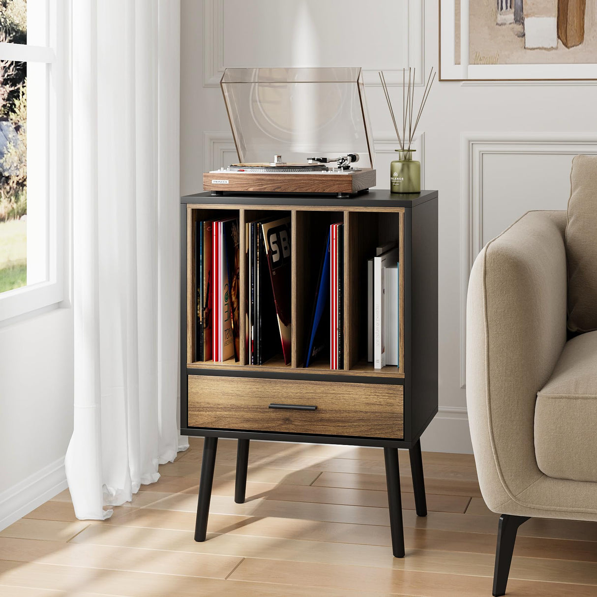 Record Player Stand with Vinyl Record Storage, Turntable Stand with Storage Cabinet Holds up to 180 Albums, Mid-Century Vinyl Holder Storage Shelf for Living Room Bedroom Office Morwdxef