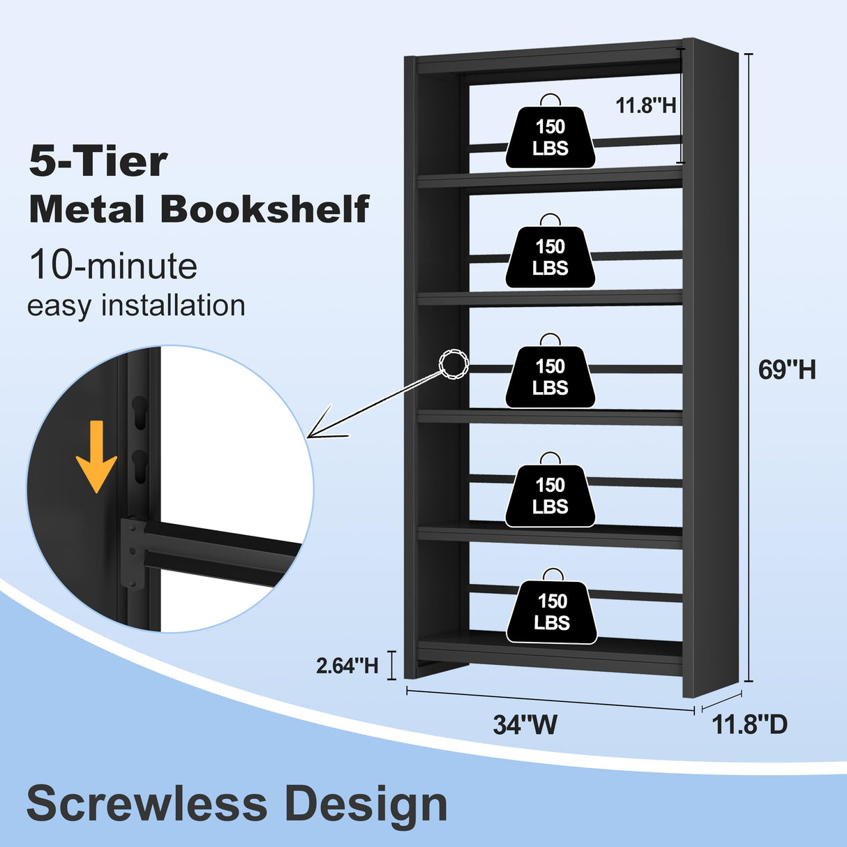 CBNTKI 5 Tier Metal Bookshelf, Black 69" Tall Bookcase, Large Heavy Duty Book Shelves, Industrial Wide Book Shelves, Display Storage Shelves for Library Bedroom Living Room Office CBNTKI