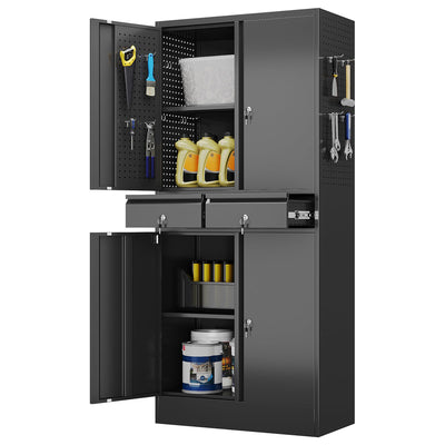 JAORD Metal Storage Cabinet with 2 Drawers and Pegboard, Garage Storage Cabinet with Locking Doors and 2 Adjustable Shelves, 71" H Steel Cabinets for Garage, Home, Office, School, Black