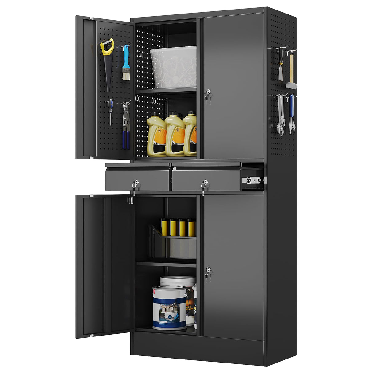 Aobabo 71" H×30" W×15" D Metal Storage Cabinet with 2 Drawers, Locking Steel Storage Cabinet with 2 Adjustable Shelves and 8 Hooks for Garage, Office, Black, Assembly Required Aobabo