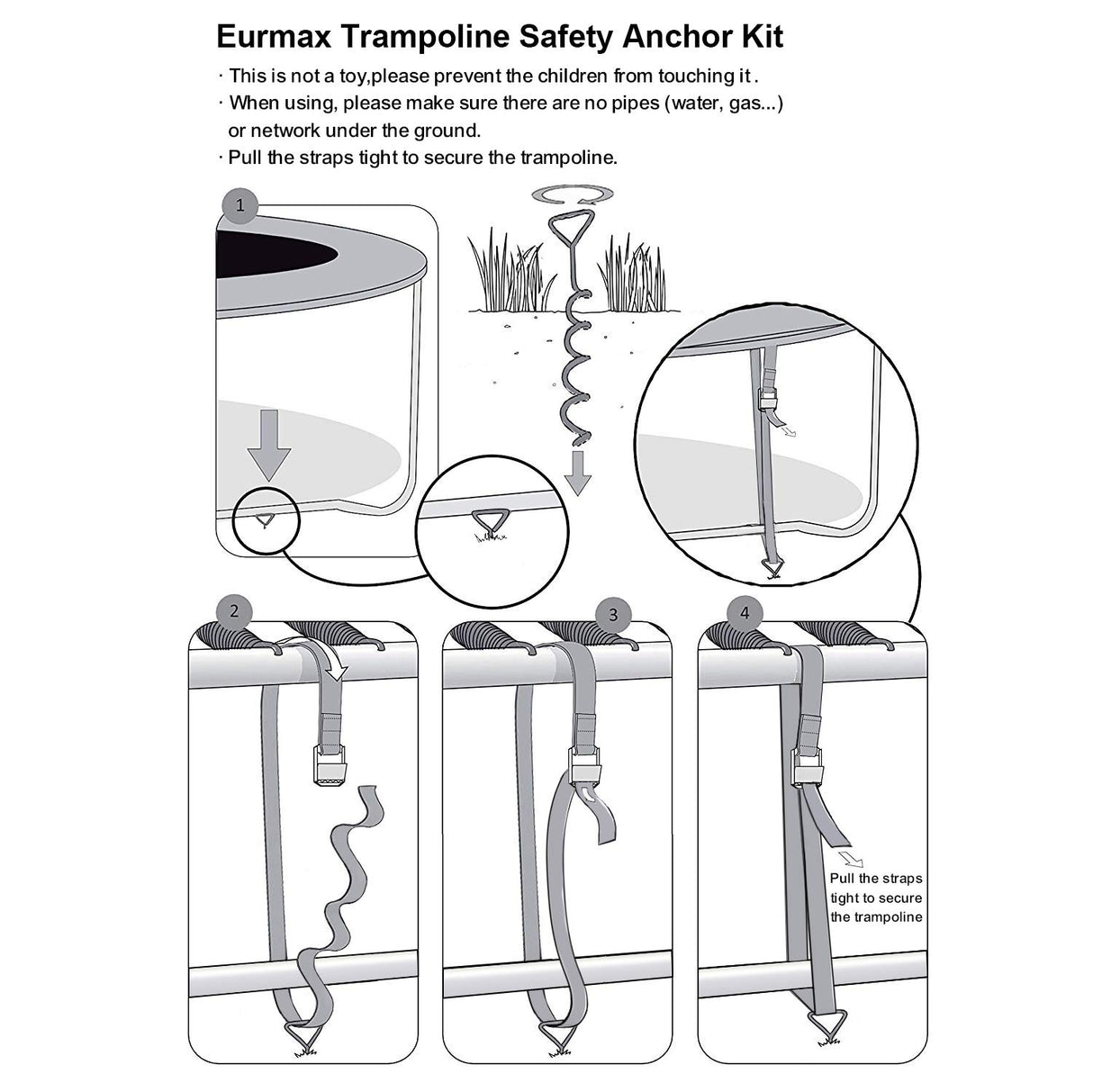 Eurmax USA Trampoline Stakes Heavy Duty Trampoline Parts Corkscrew Shape Steel Stakes Anchor Kit with T Hook for Trampolines -Set of 4 Bonus 4 Strong Belt,Black Eurmax