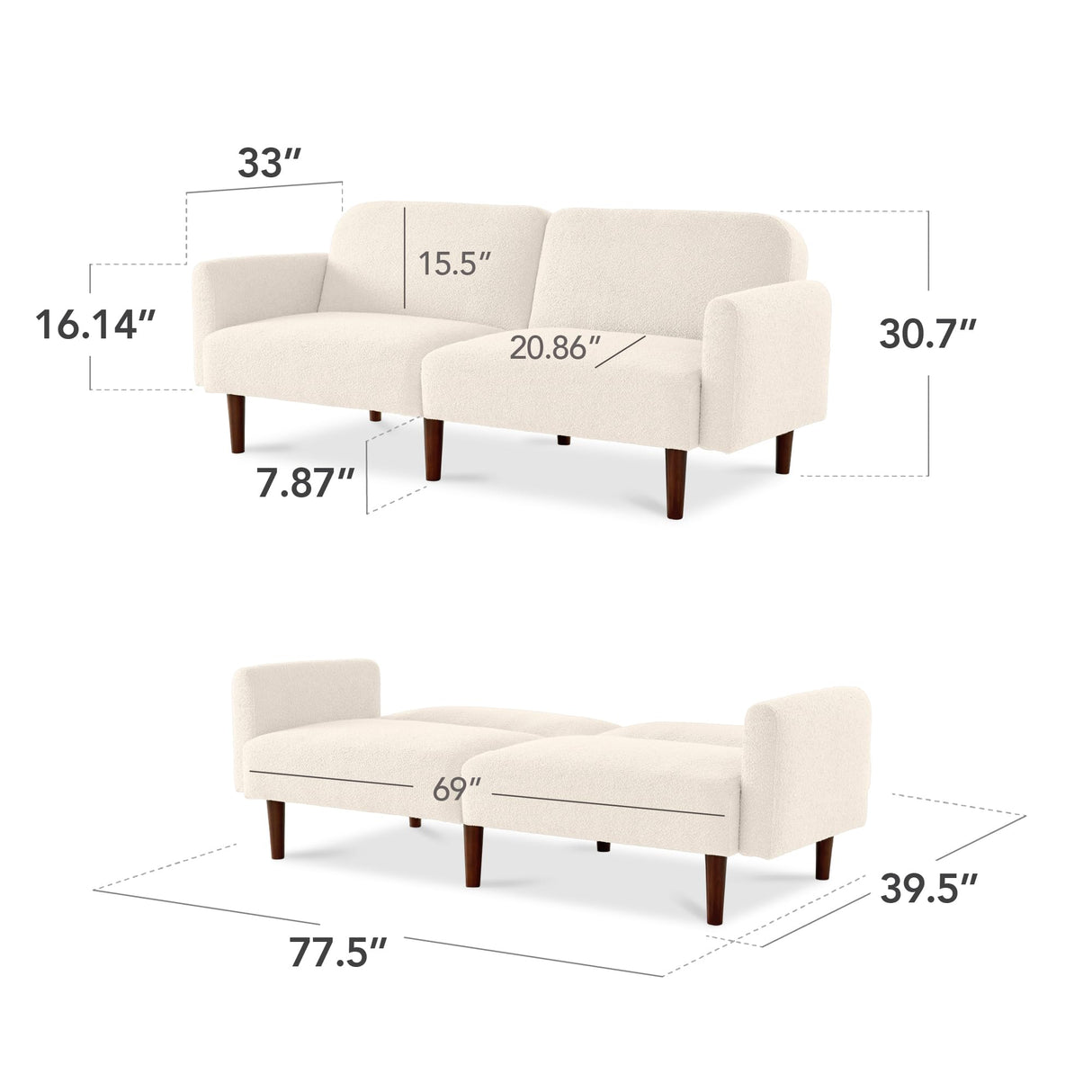 Best Choice Products 77" Mid Century Modern Boucle Loveseat Sofa, Couch, Convertible Sofa Sleeper Bed w/Real Wood, Removable Armrest - Ivory Best Choice Products