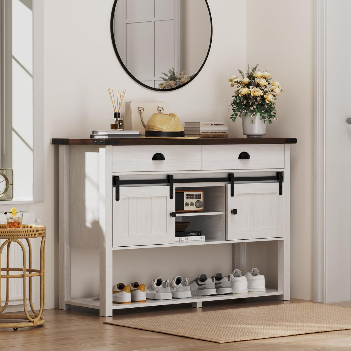 AntsandAnts Farmhouse Entryway Table with Sliding Barn Doors & 2 Drawers,Rustic Console Table for Living Room, Hallway, Foyer,Sofa Table with Adjustable Shelf & Open Storage, Industrial Design AntsandAnts