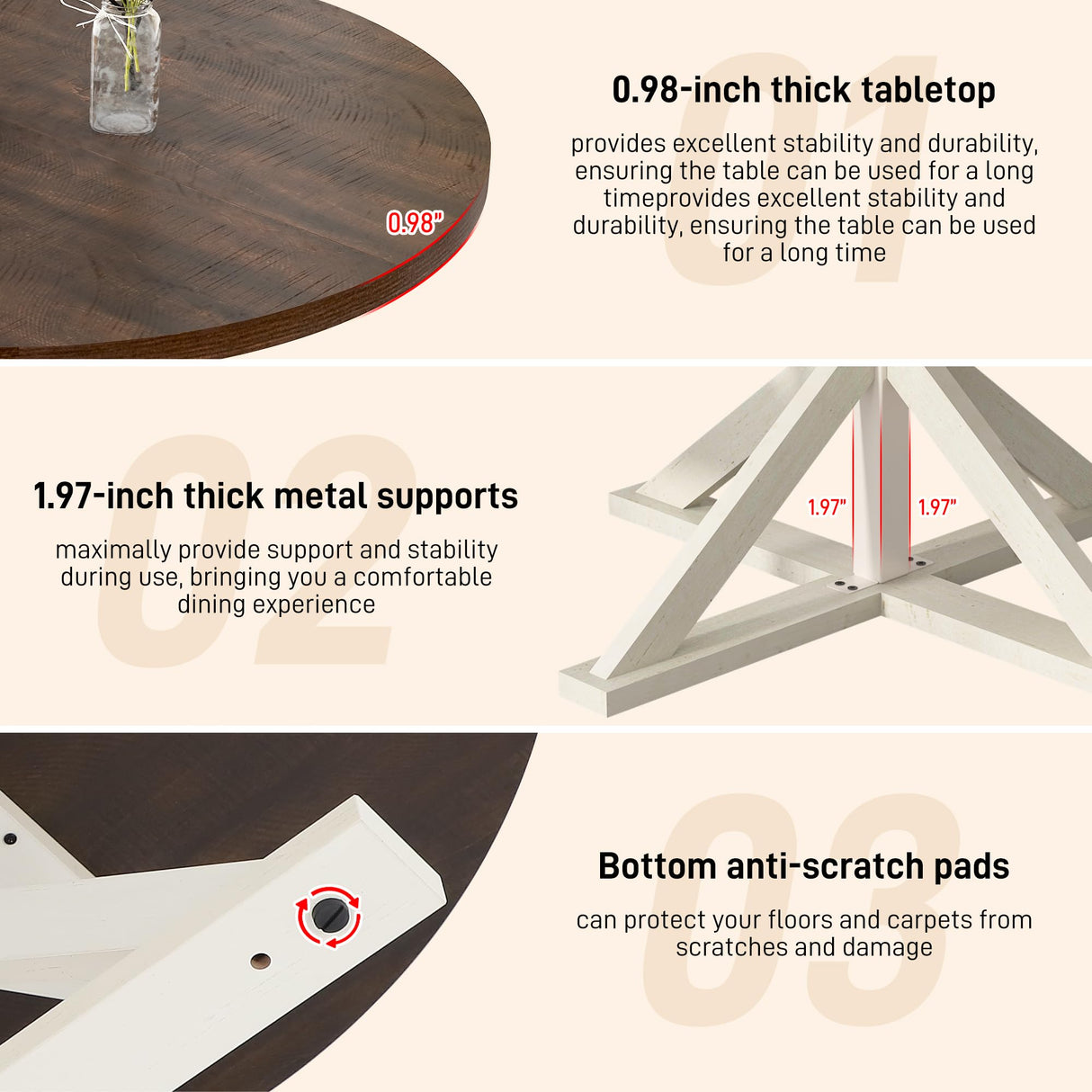 Round Wood Dining Table for Kitchen,Dining Room,Living Room,Farmhouse Dinner Tables W/Thickened Brown Waterproof Tabletop for 4 People,47 inch Rustic Kitchen Table W/Metal Support jiteentarou