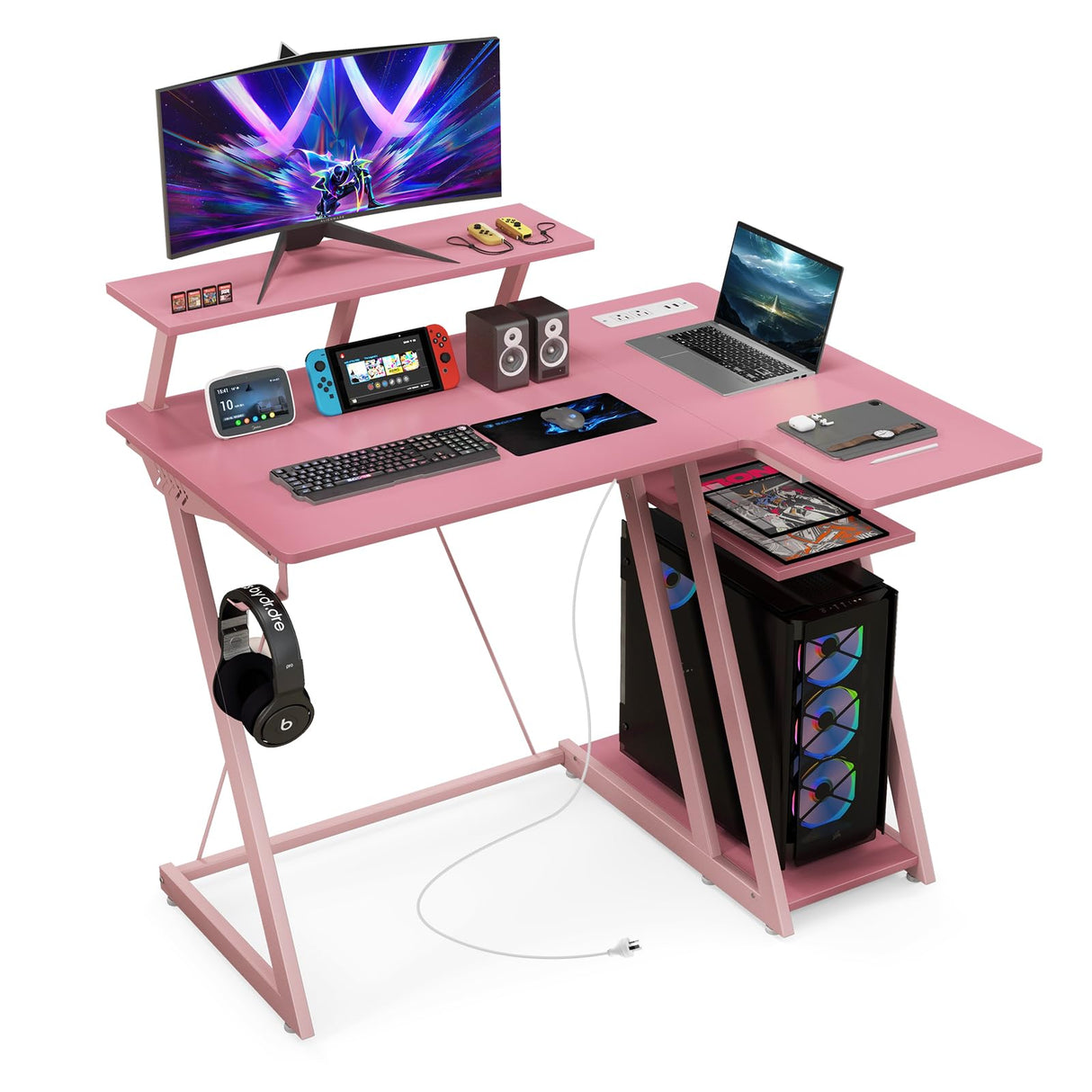 Tangkula L Shaped Gaming Desk with Power Outlets, Small Gaming Computer Desk 39inch with Storage Shelf, Corner Desk with Carbon Fiber Texture, Gamer Desk Gaming Table (Pink) Tangkula