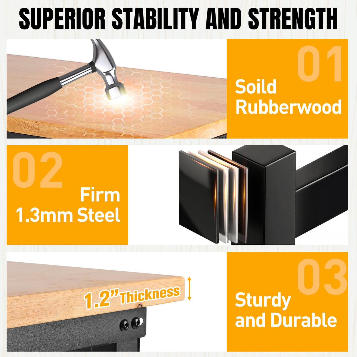 MUWOOD 48" L×24”W Adjustable Workbench, 28”-40”Heights Heavy Duty Table 2000 LBS Load Capacity, Work Bench with Power Outlet & Pegboard, Rubber Wood Work Table for Garage, Office, Workshop, Home MUWOOD