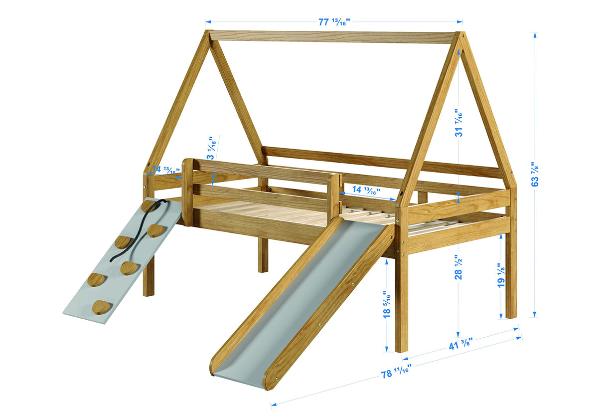 P'Kolino Casita Play Bed - Twin - Low Loft Bed with Slide, Climbing Ramp - Solid FSC Certifed Wood - Natural Wood P'Kolino