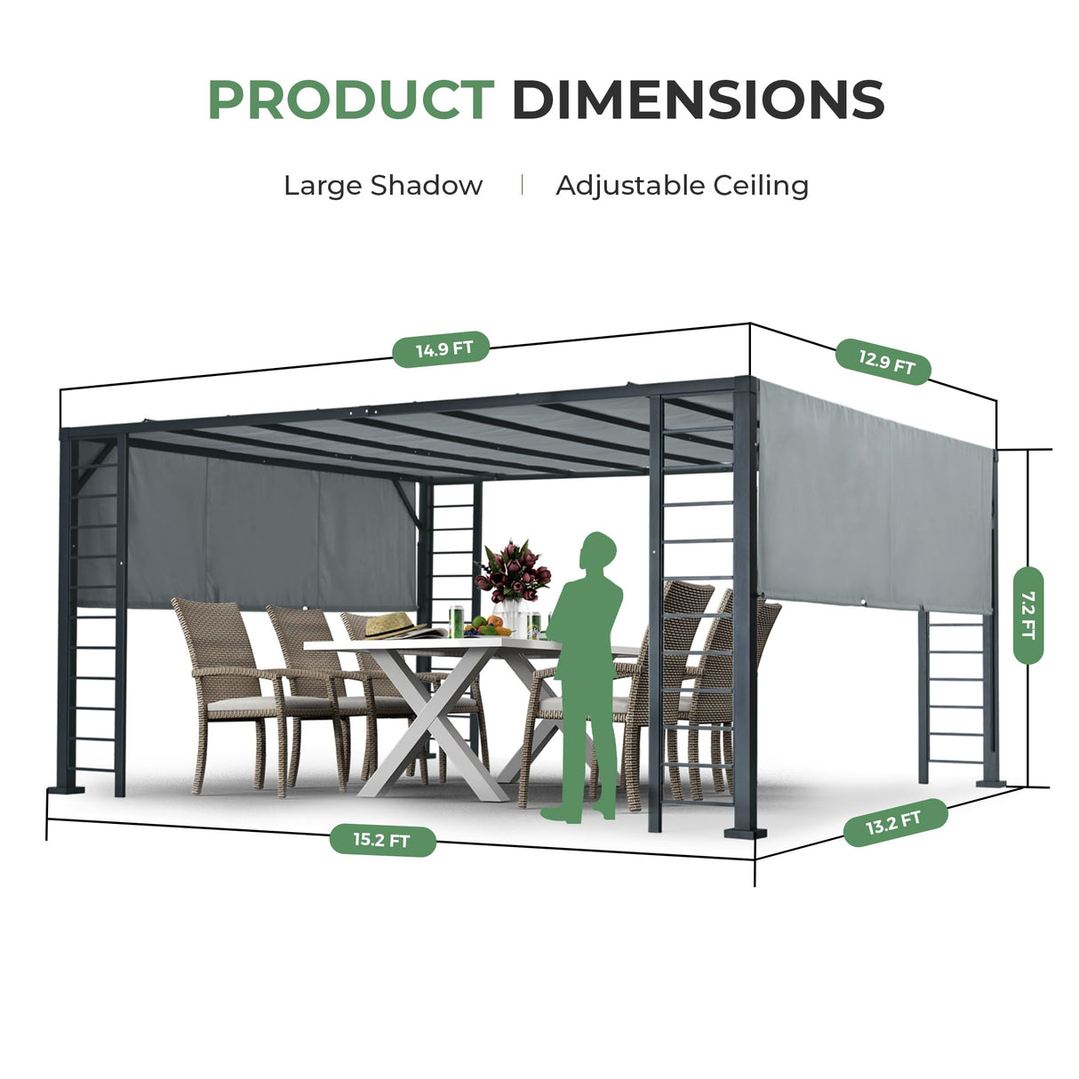 LUXIJOY 13' x 15' Aluminum Retractable Pergola, Modern Silver Outdoor Patio Gazebo with Fixed Canopy and Unique Column Design LUXIJOY