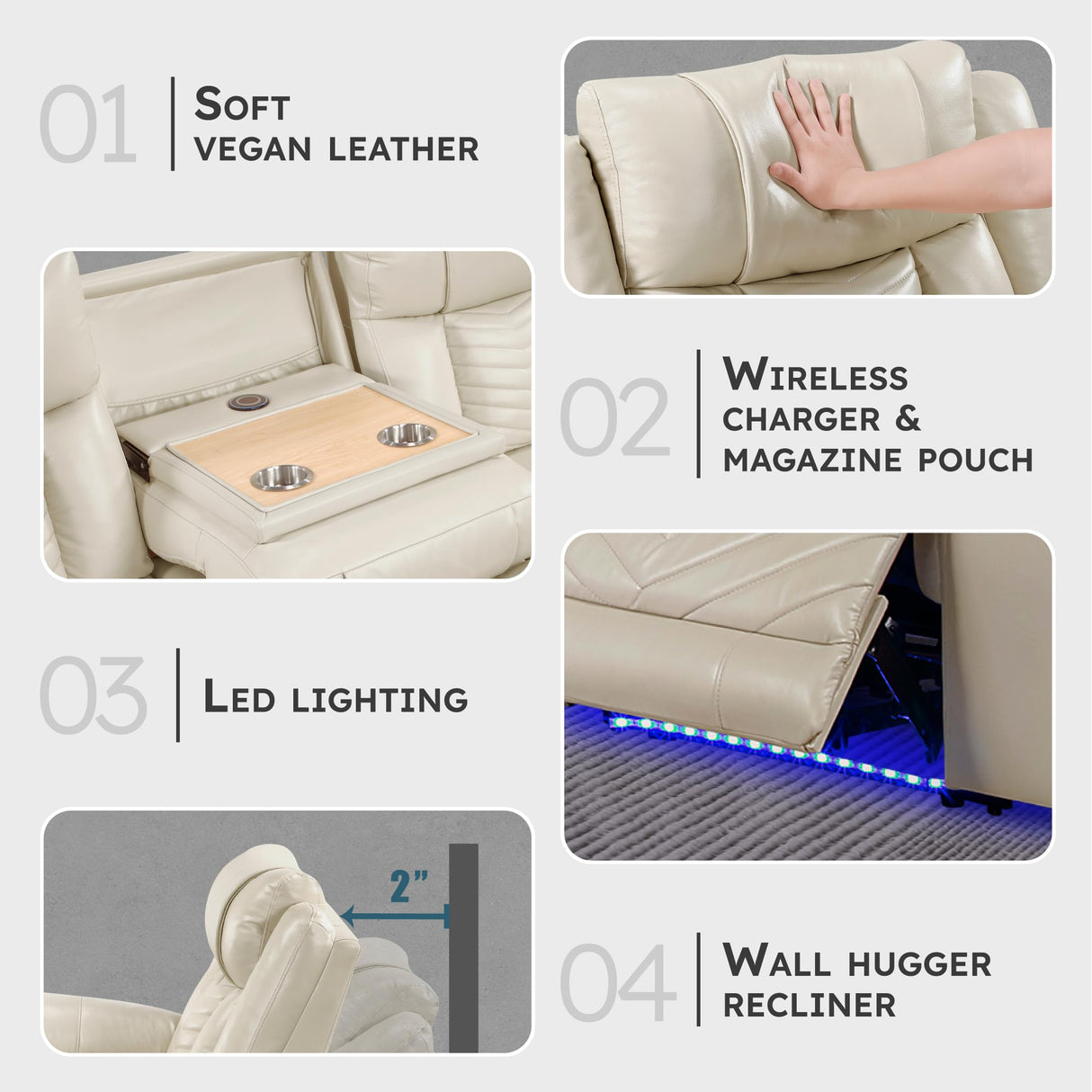 Lexicon Wall Hugger Power Double Reclining Sofa with Center Drop-Down Table, Faux Leather Home Theater Seating with LED Lighting/USB Charging Ports/Wireless Charger/Cup Holders, Magazine Pocket, Beige Lexicon