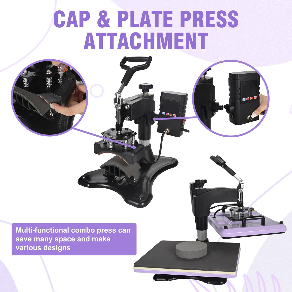 PlanetFlame Heat Press Machine 12x15 Inch, 360° Swing Away 5 in 1 Heat Transfer Machine, Multifunctional Heat Transfer Press Machine with 30OZ Tumbler Attachment for Hat/Plate/T-Shirt/Mug, Purple PlanetFlame