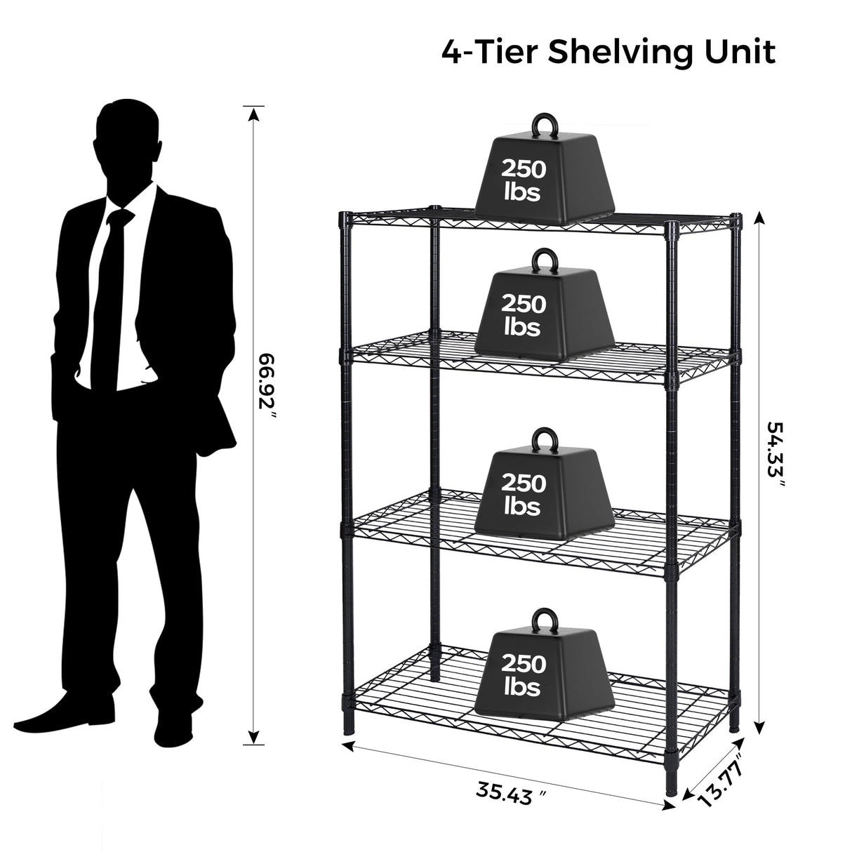 Homeiju 4 Tier Shelving Unit,Heavy-Duty Height Adjustable Storage Rack 1300 LBS Capacity with Adjustable Feet ,Metal Storage Shelves Wire Shelf for Kitchen Garage Laundry ,13.77"D x 35.43"W x 54.33"H Homeiju